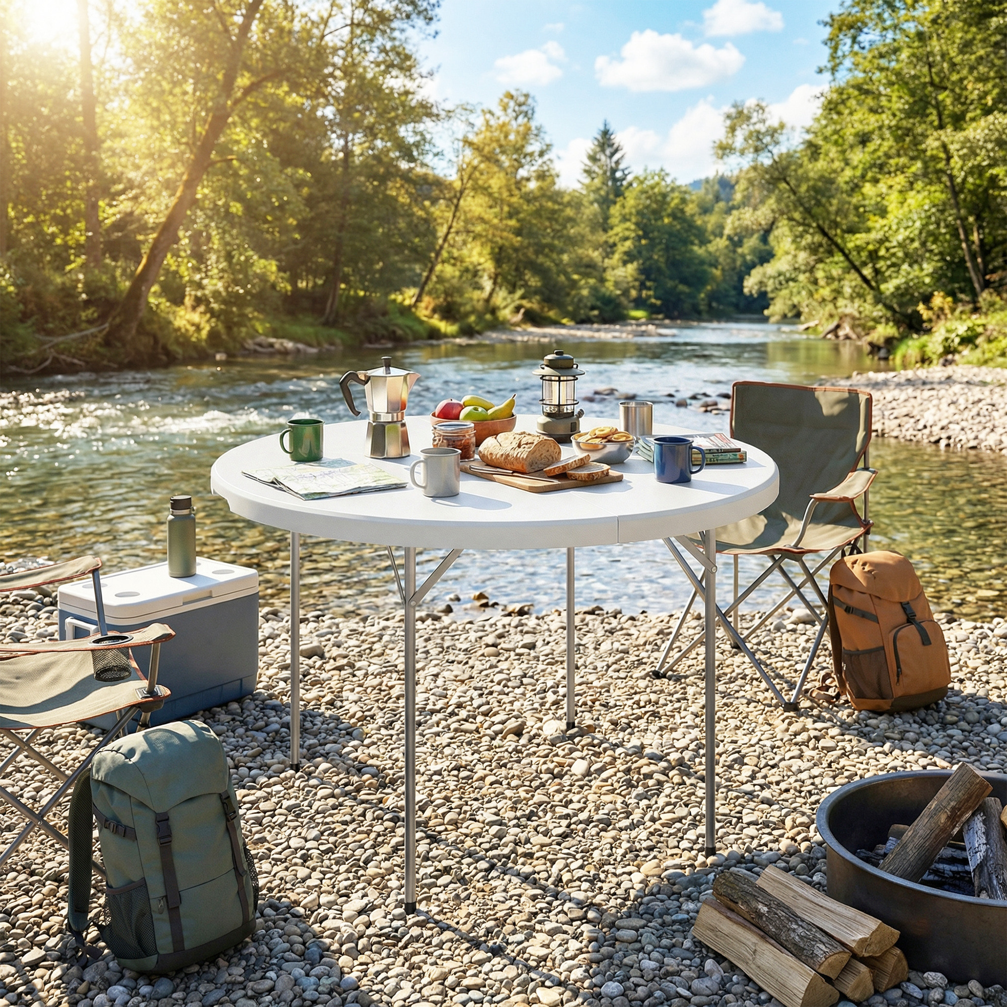 Mesa de camping con comida y sillas junto a un río, rodeada de árboles.