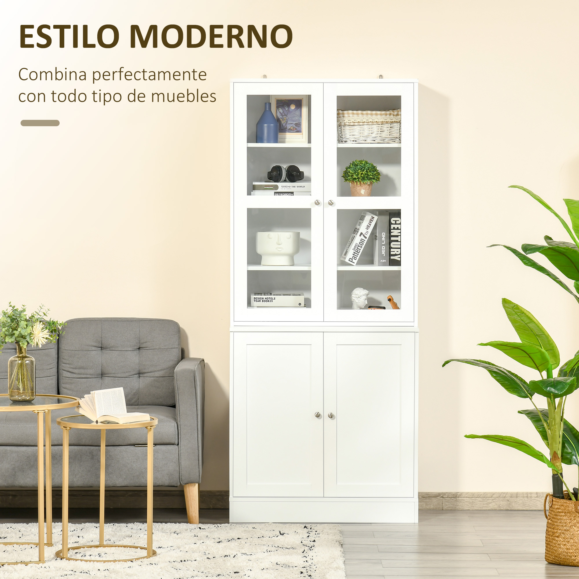 Un mueble blanco con puertas de cristal lleno de decoraciones y libros.