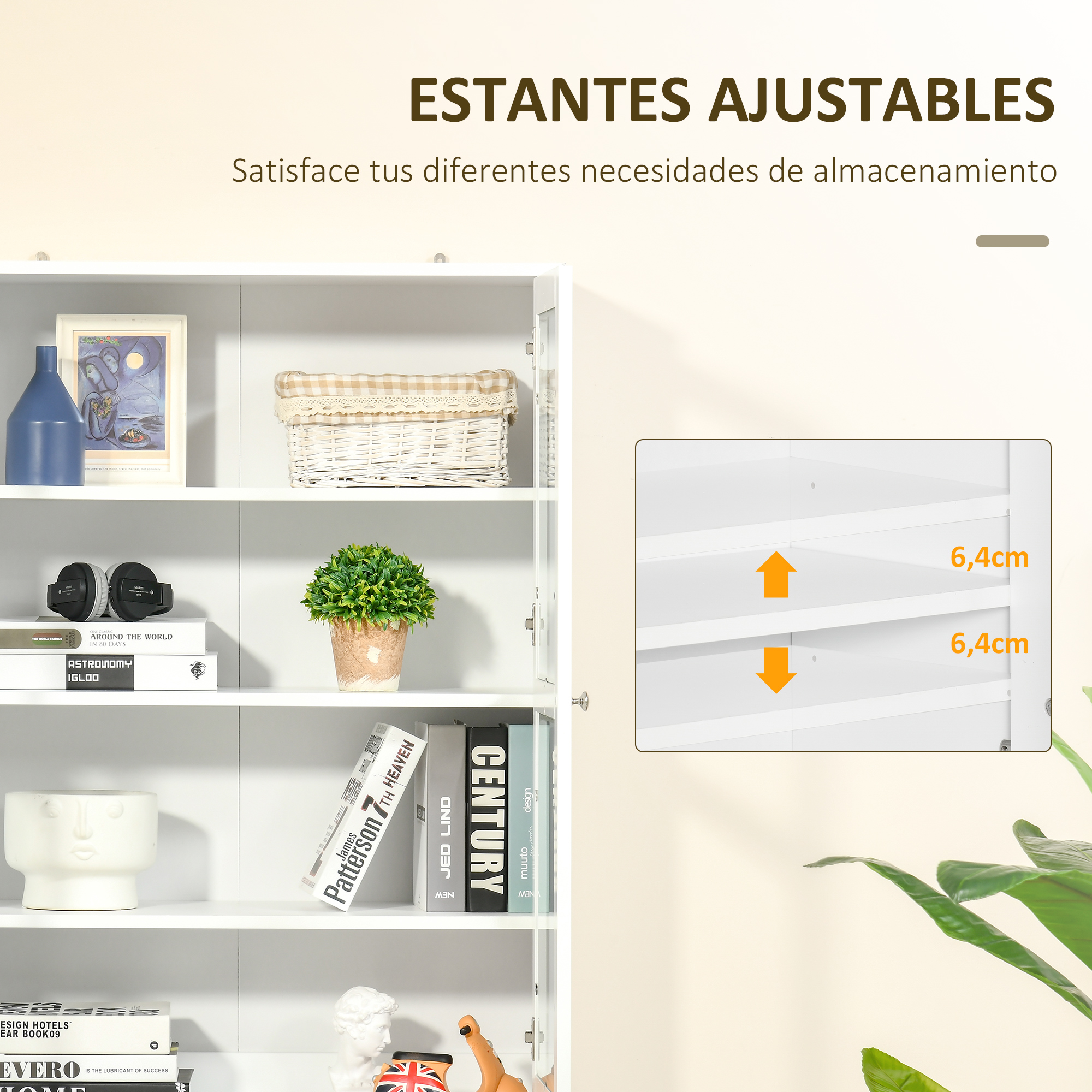 Estanterías blancas con libros, auriculares, maceta, jarrón y decoración.