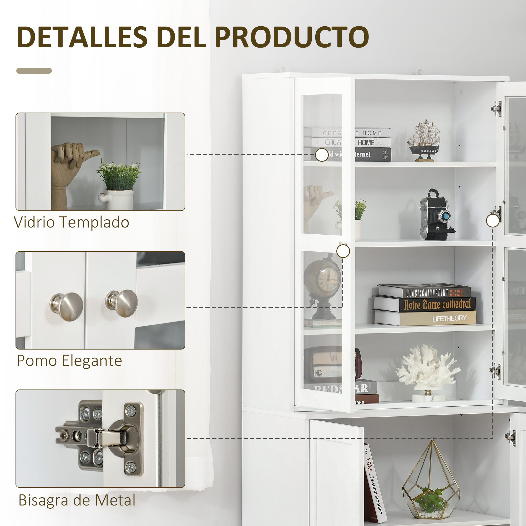 Vitrina blanca con estantes de cristal, libros, decoración y manos de madera.
