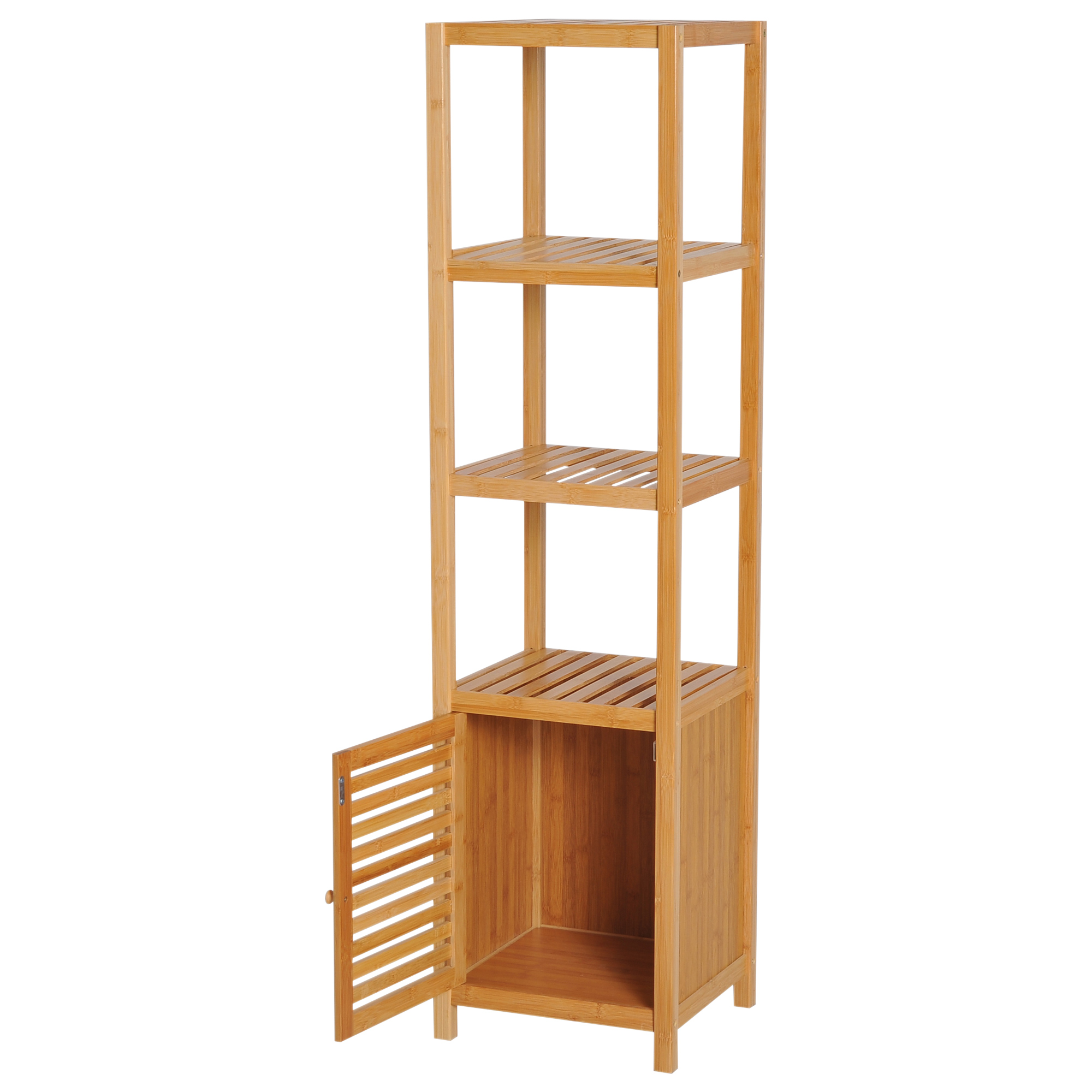 Un estante de madera alto y estrecho con cuatro baldas abiertas y una puerta.