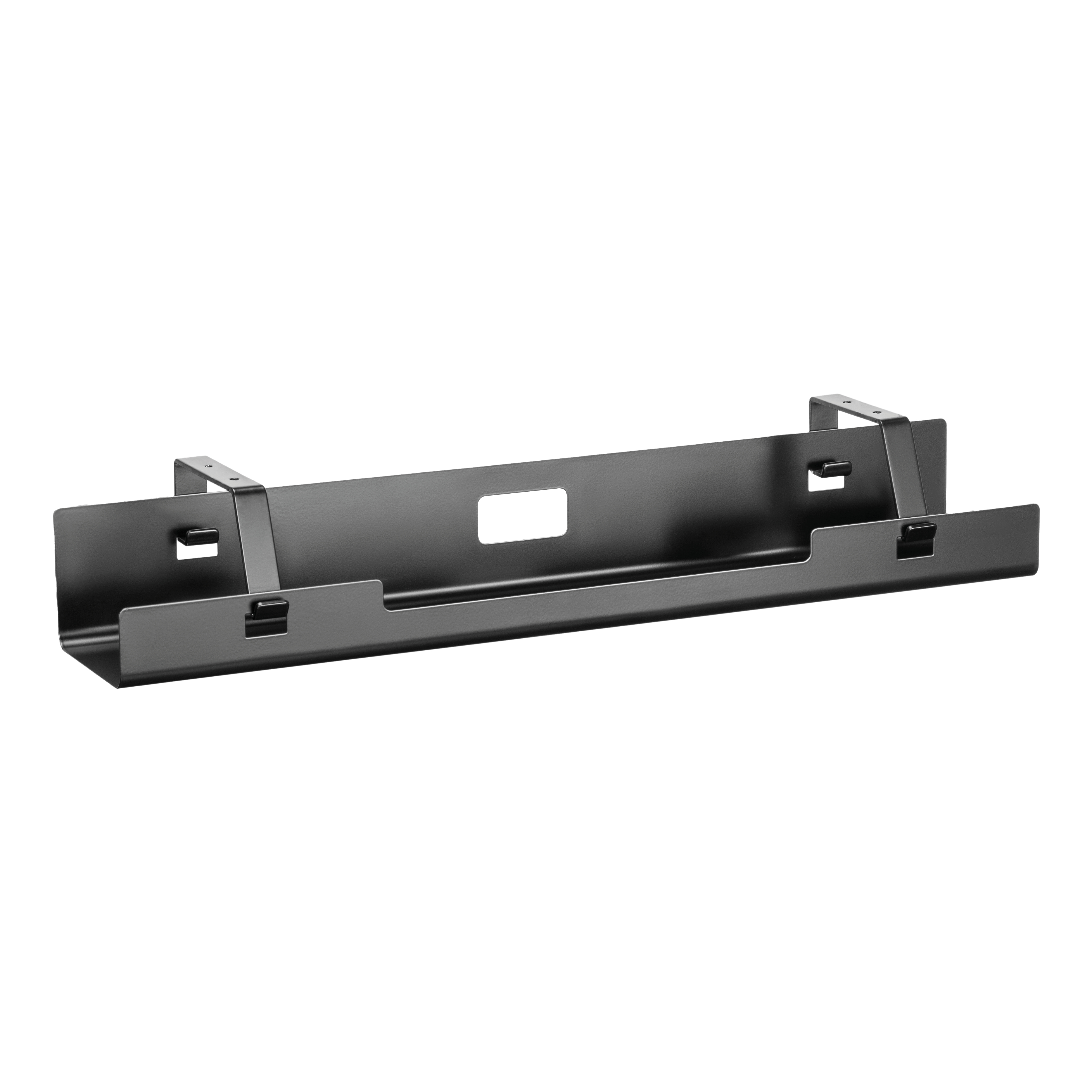 Zwarte metalen plank met beugels en een rechthoekige uitsparing.