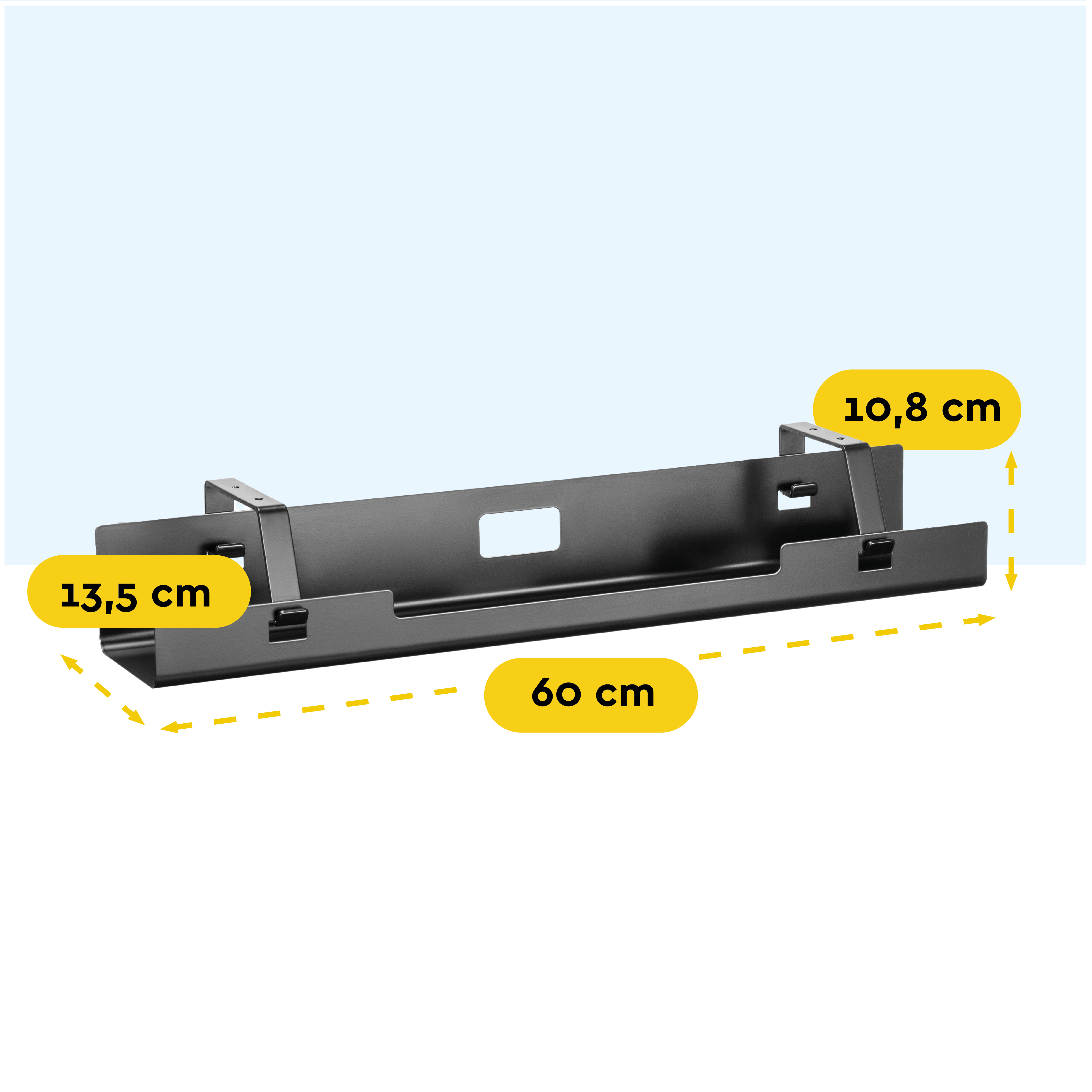 Zwarte metalen plank met afmetingen 60x13,5x10,8 cm.