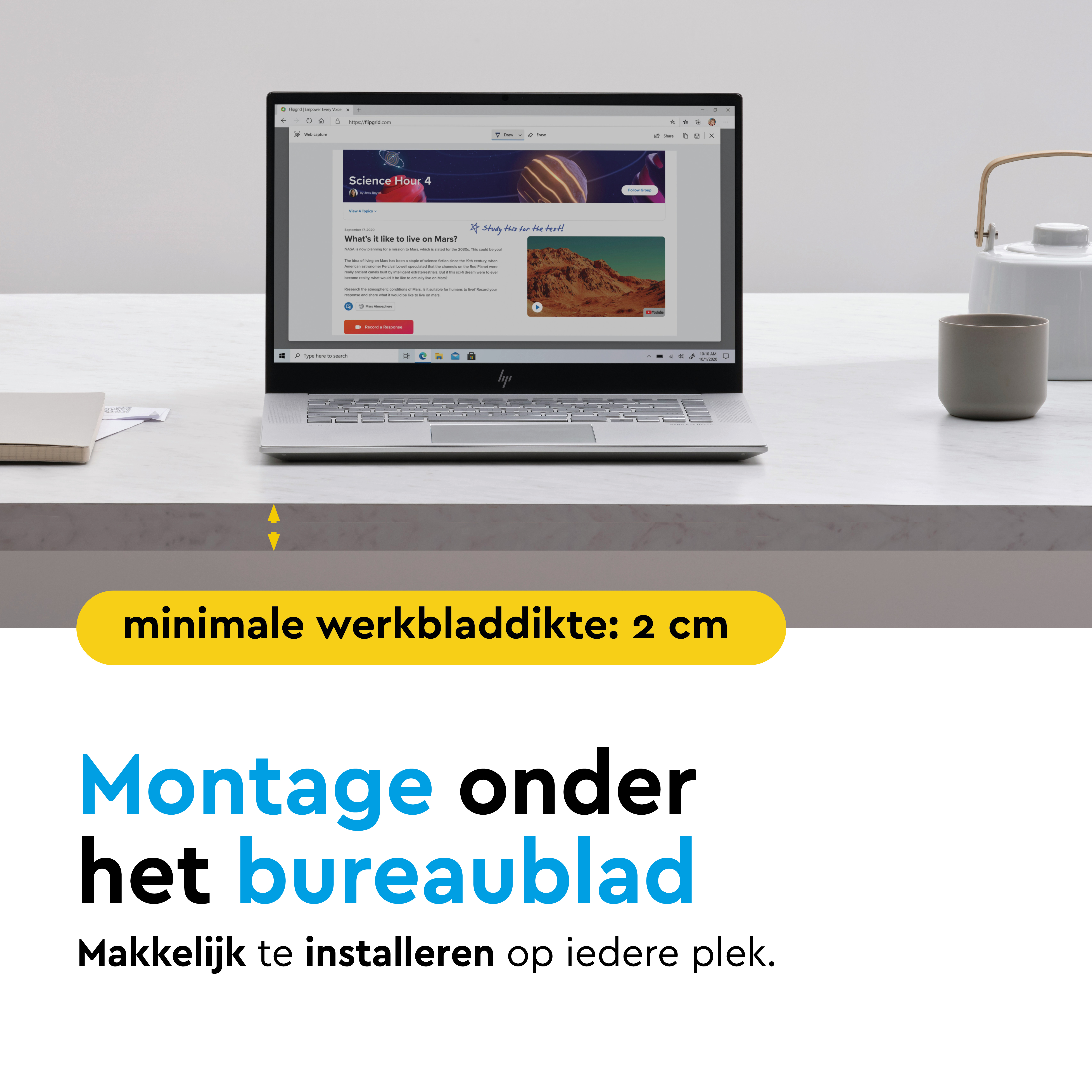Laptop toont Flipgrid-pagina over leven op Mars. Min. 2 cm bladdikte. Montage onder bureau.