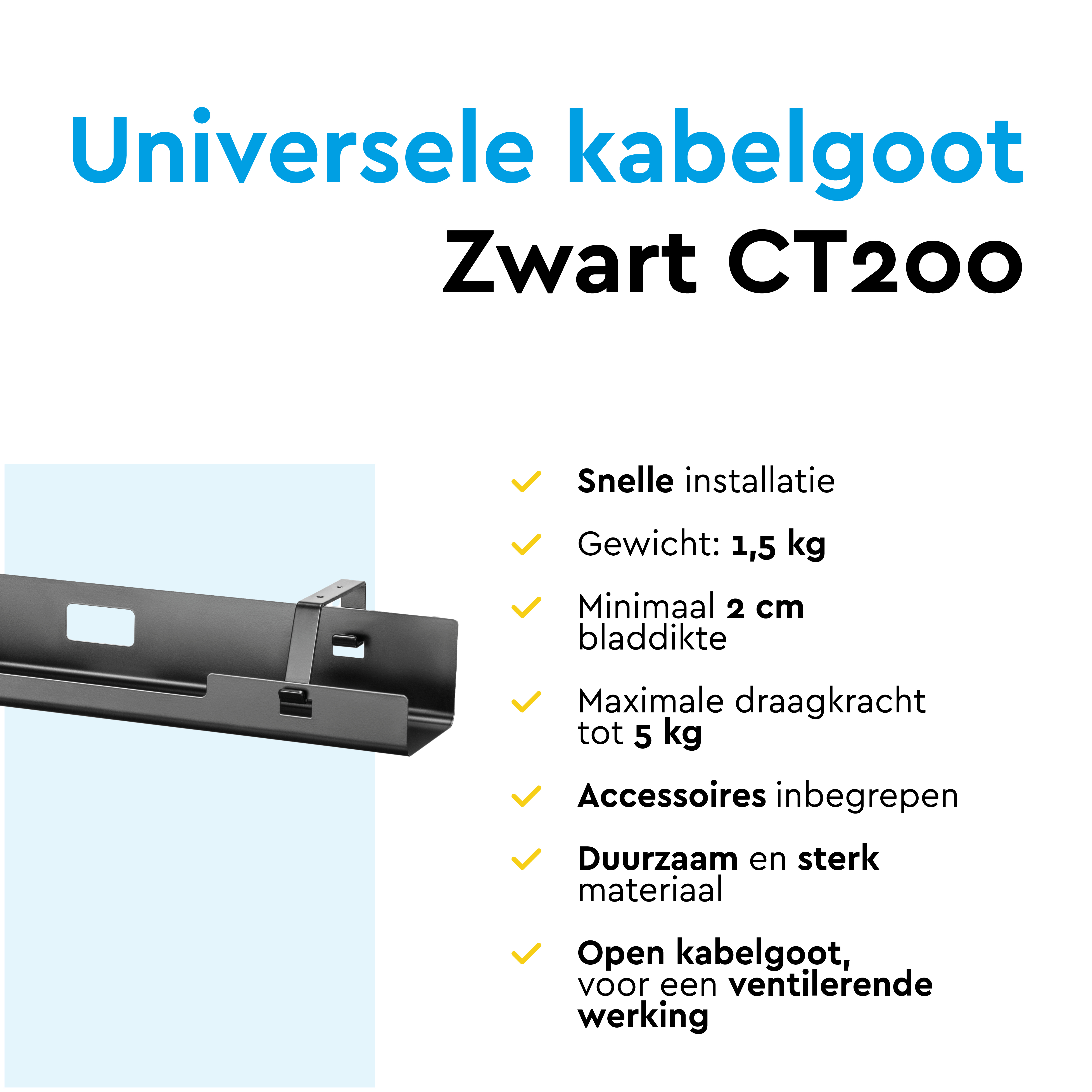 Zwarte kabelgoot CT200, snelle installatie, 1,5 kg gewicht, min. 2 cm dikte.
