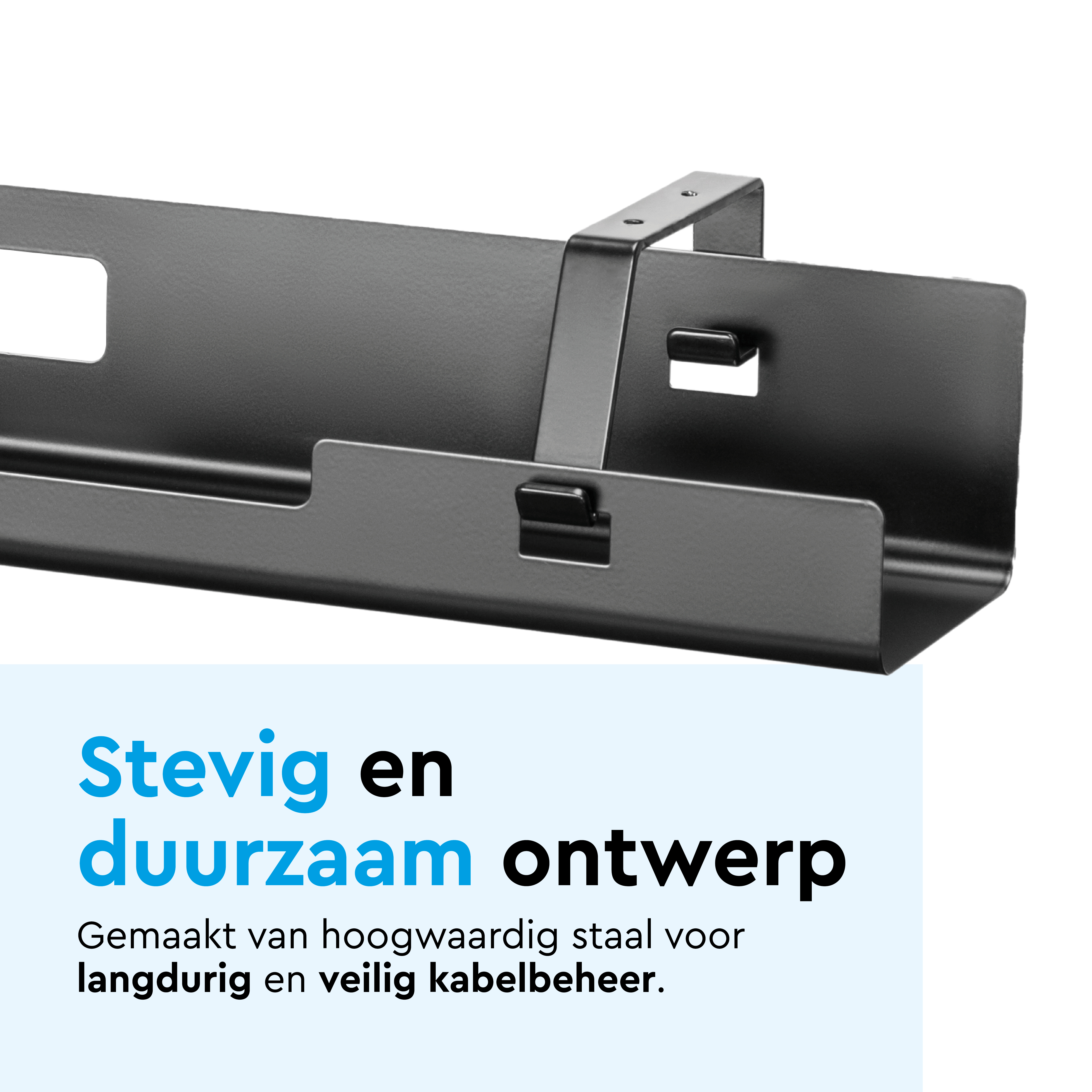 Een donkere metalen kabelgoot met beugel, stevig en duurzaam.