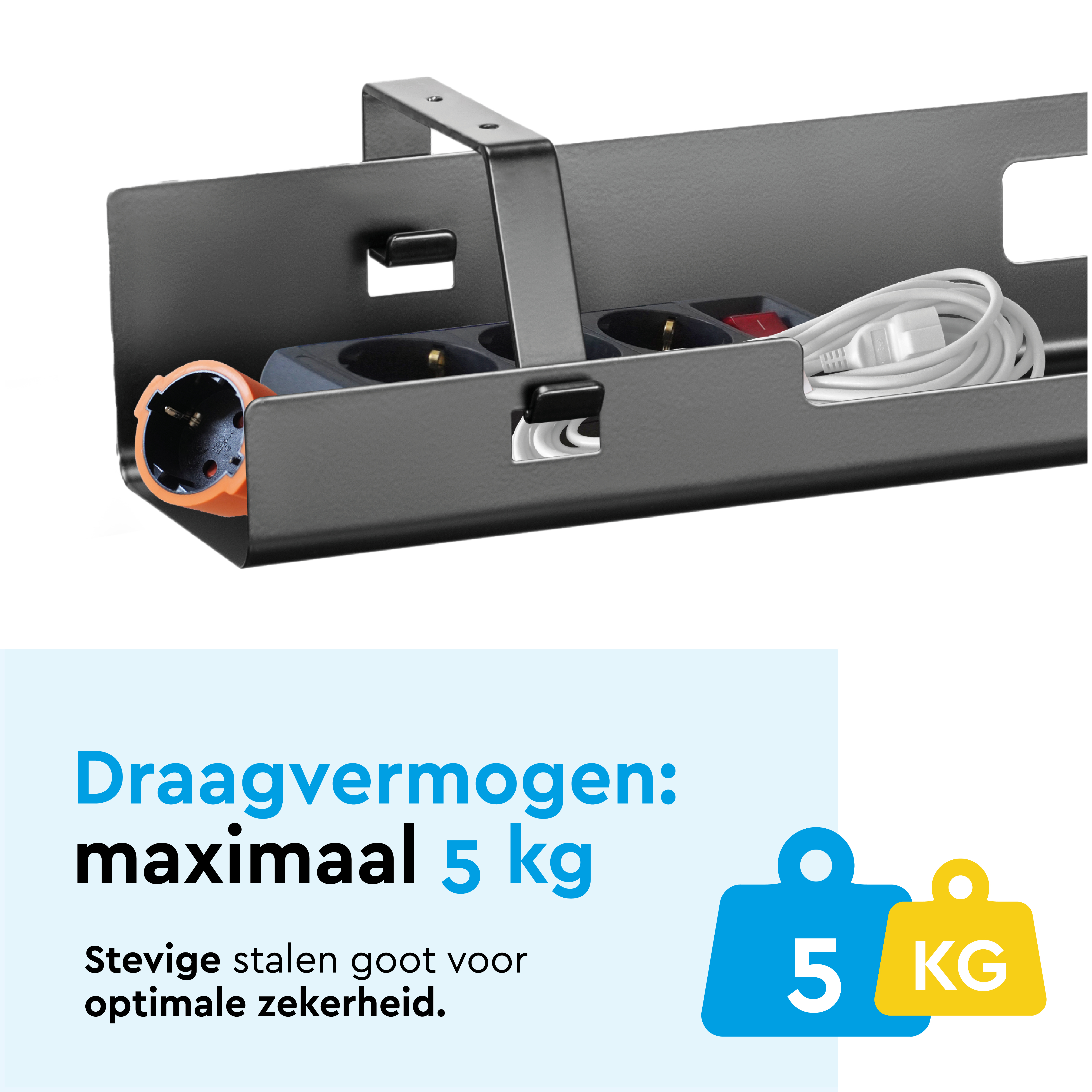 Grijze kabelgoot met stekkerdoos, oranje stekker, wit snoer, 5 kg draagvermogen.
