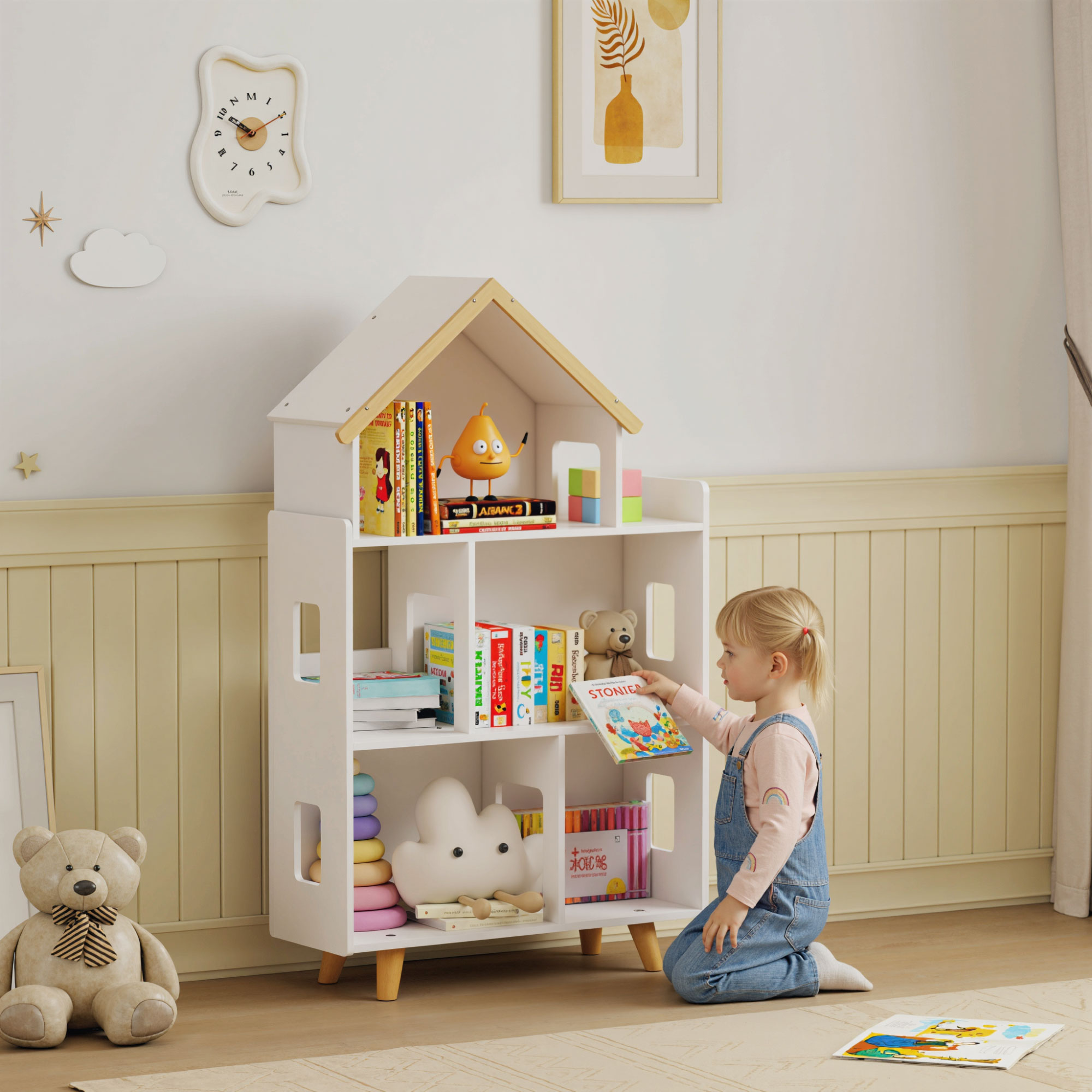 Una niña pequeña se arrodilla ante una estantería blanca de casa de muñecas, sacando un libro.