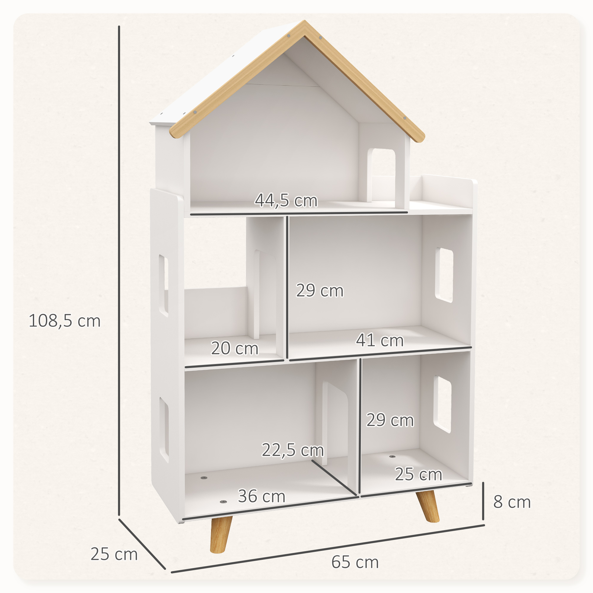 Una casa de muñecas blanca con detalles de madera, se muestran las dimensiones.