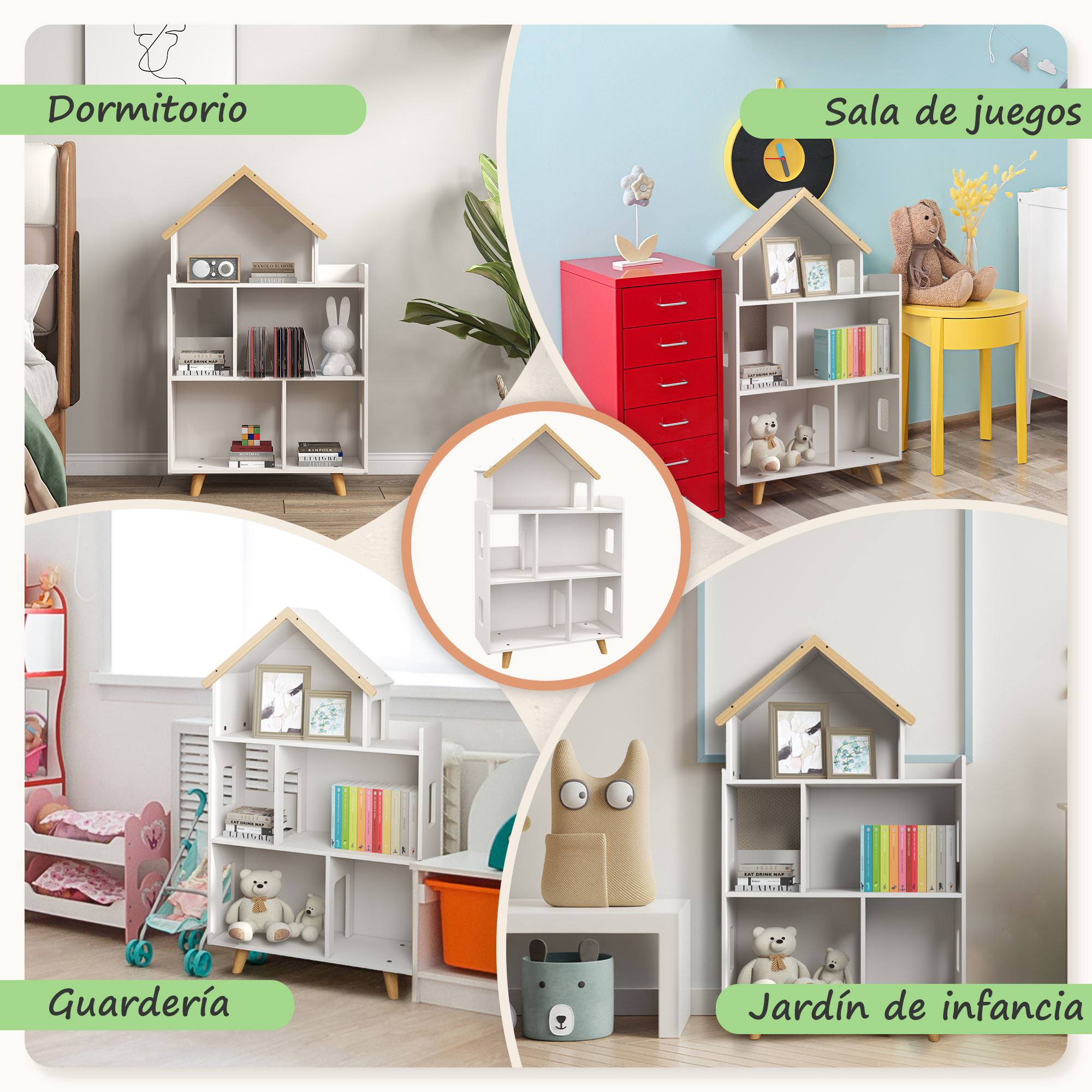 Cuatro escenas con estanterías blancas en forma de casa, juguetes y muebles.