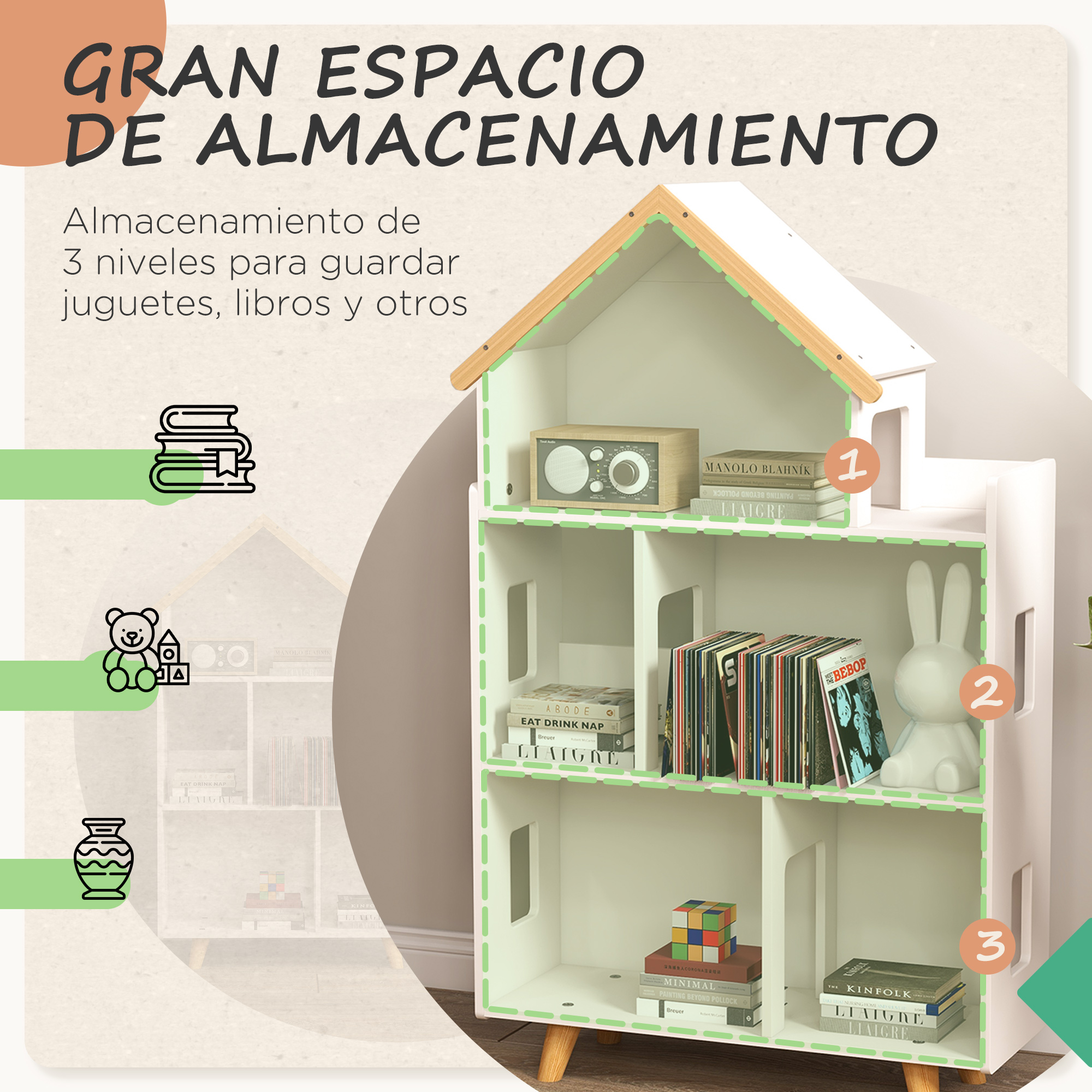 Estantería blanca con forma de casa con libros, un osito y una figura de conejo.
