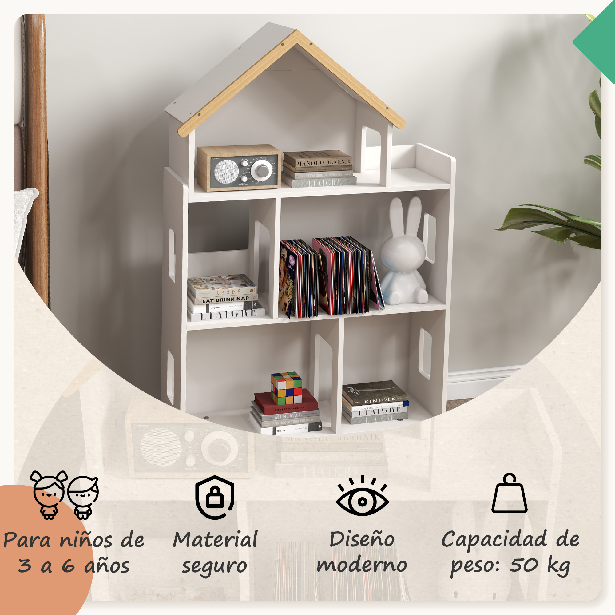 Una estantería blanca de casa de muñecas con libros, radio, conejito y cubo.