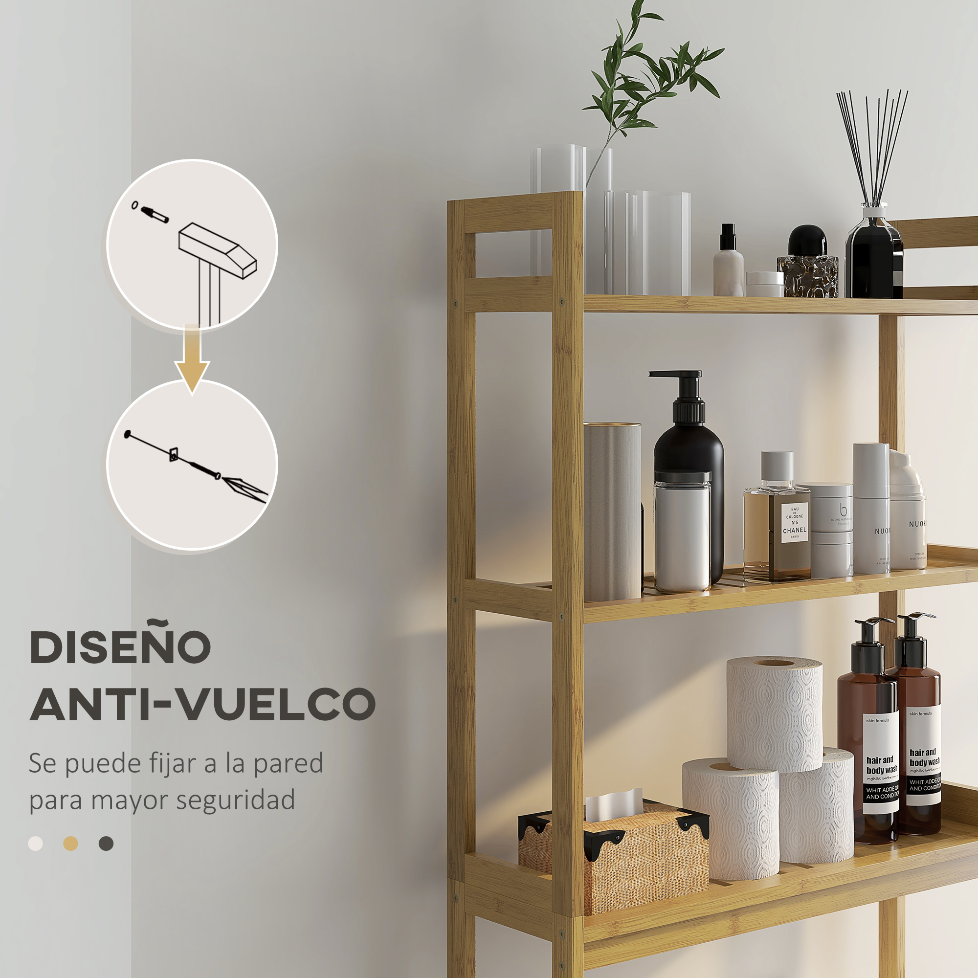 Un estante de madera con papel higiénico, jabones y decoraciones.