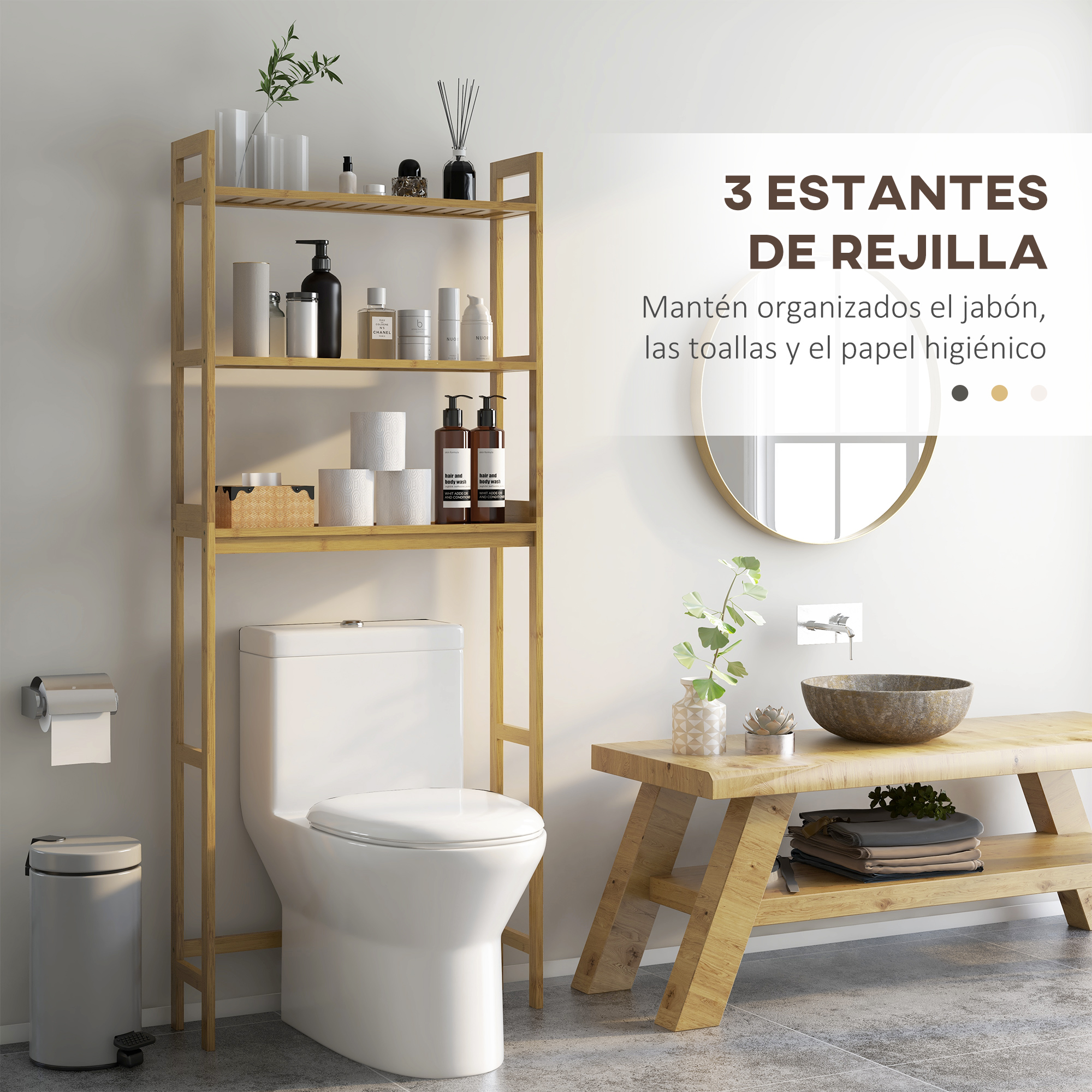 Un estante de madera sobre un inodoro, con jabones y papel higiénico.
