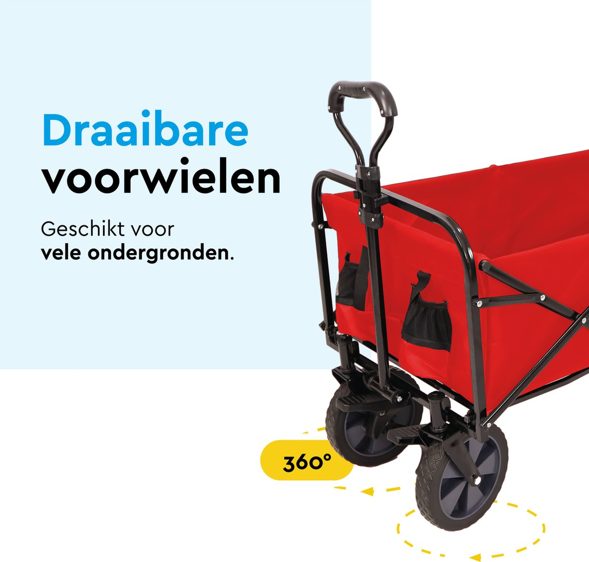 Rode bolderkar met draaibare voorwielen en zwart handvat.