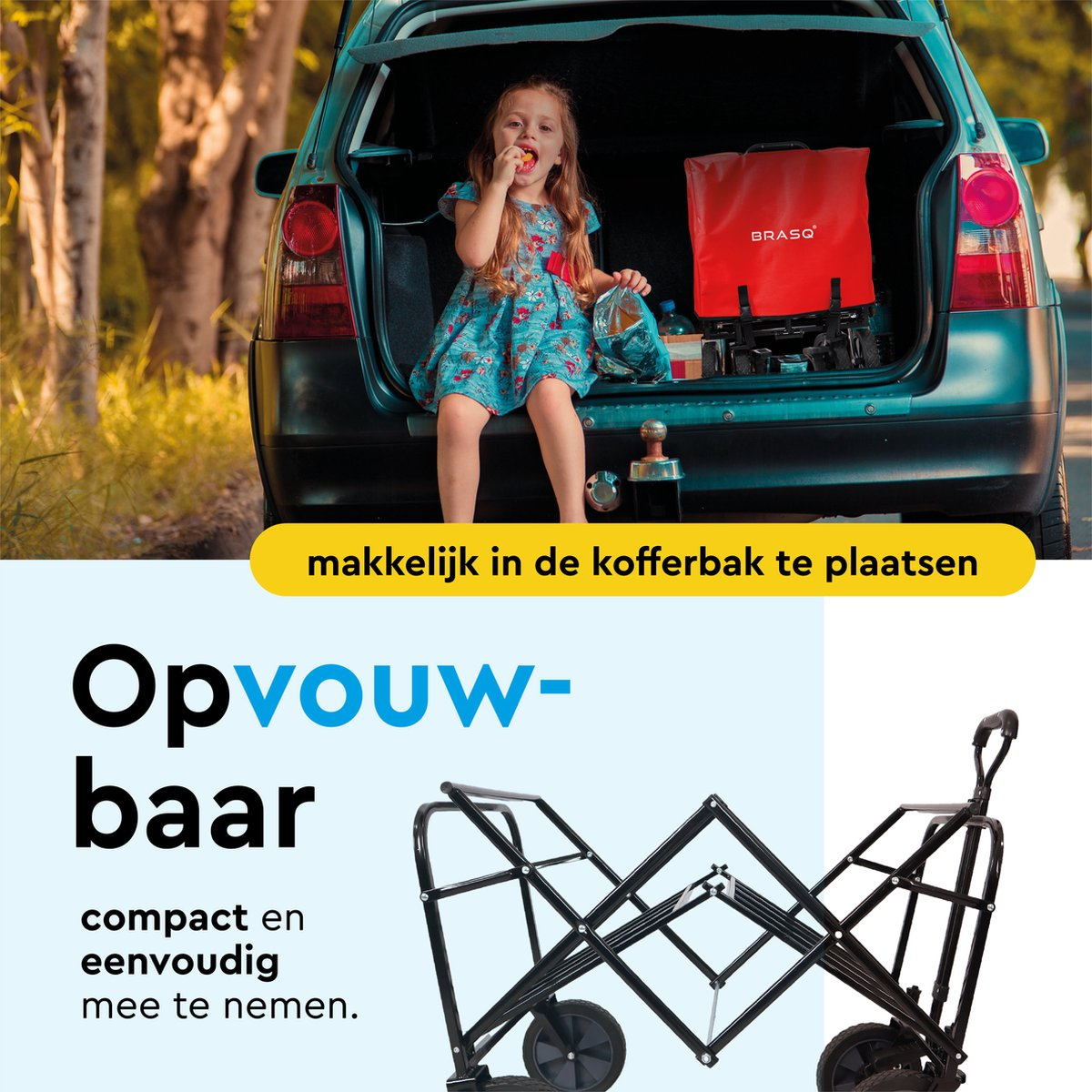 Een meisje zit snackend in de kofferbak van een auto. Een rode tas staat ernaast.