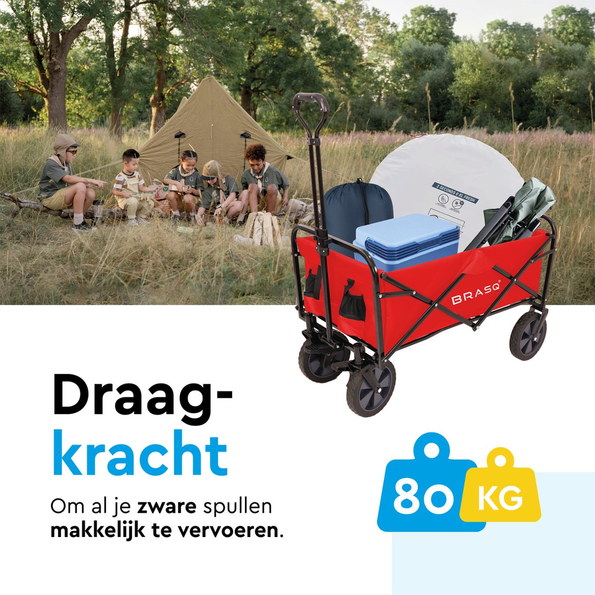 Kinderen kamperen voor een tent, een rode kar met uitrusting ernaast.
