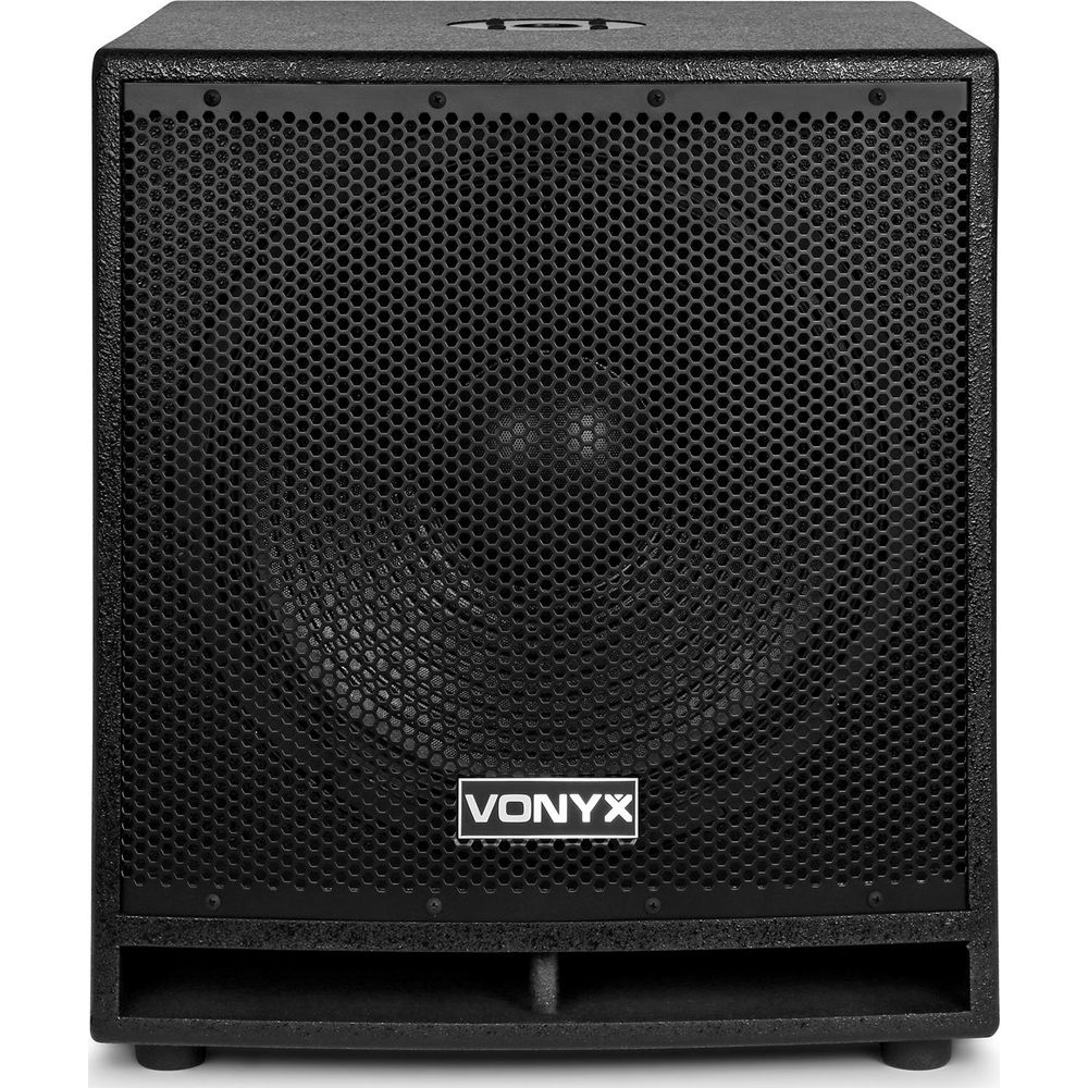 Subwoofer negro con logo Vonyx y frontal de rejilla.