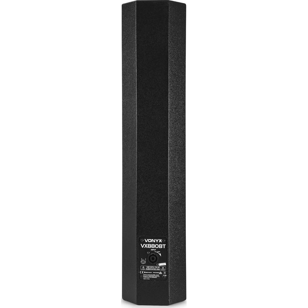 Altavoz negro hexagonal con logo Vonyx VX880BT y etiqueta abajo.