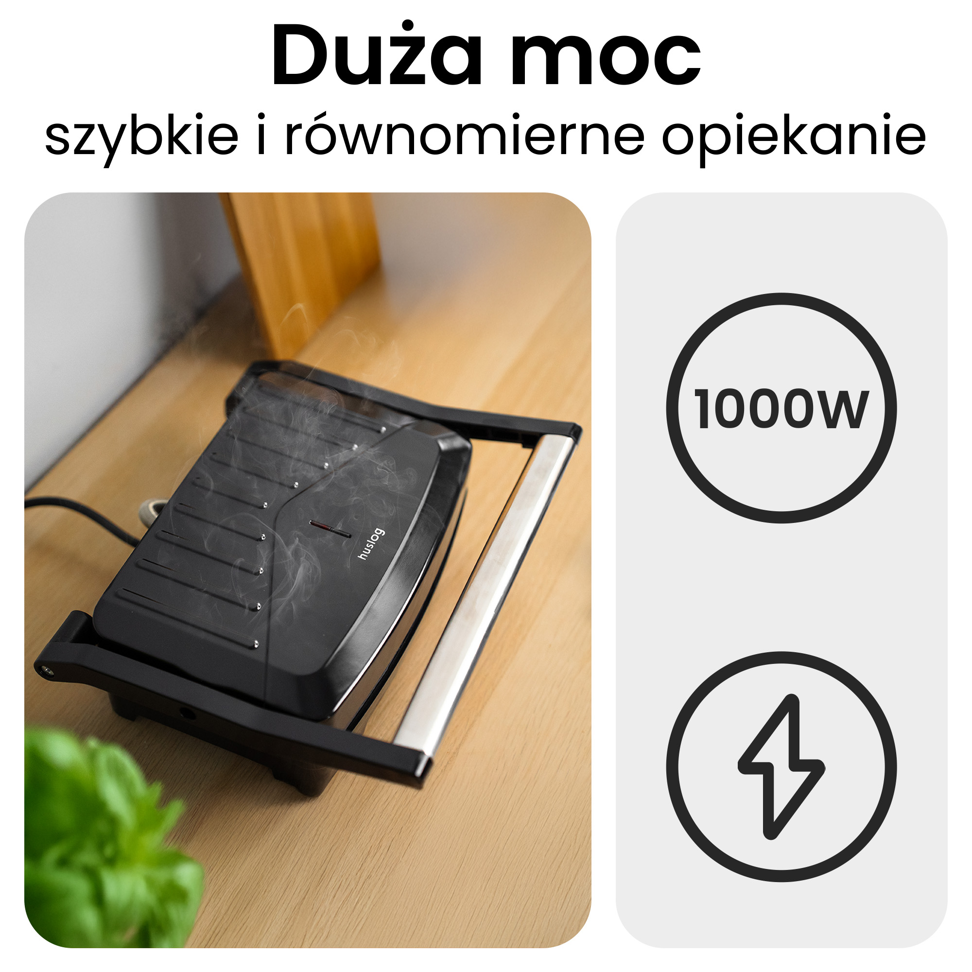 Czarny grill z parą, moc 1000W i ikona błyskawicy.