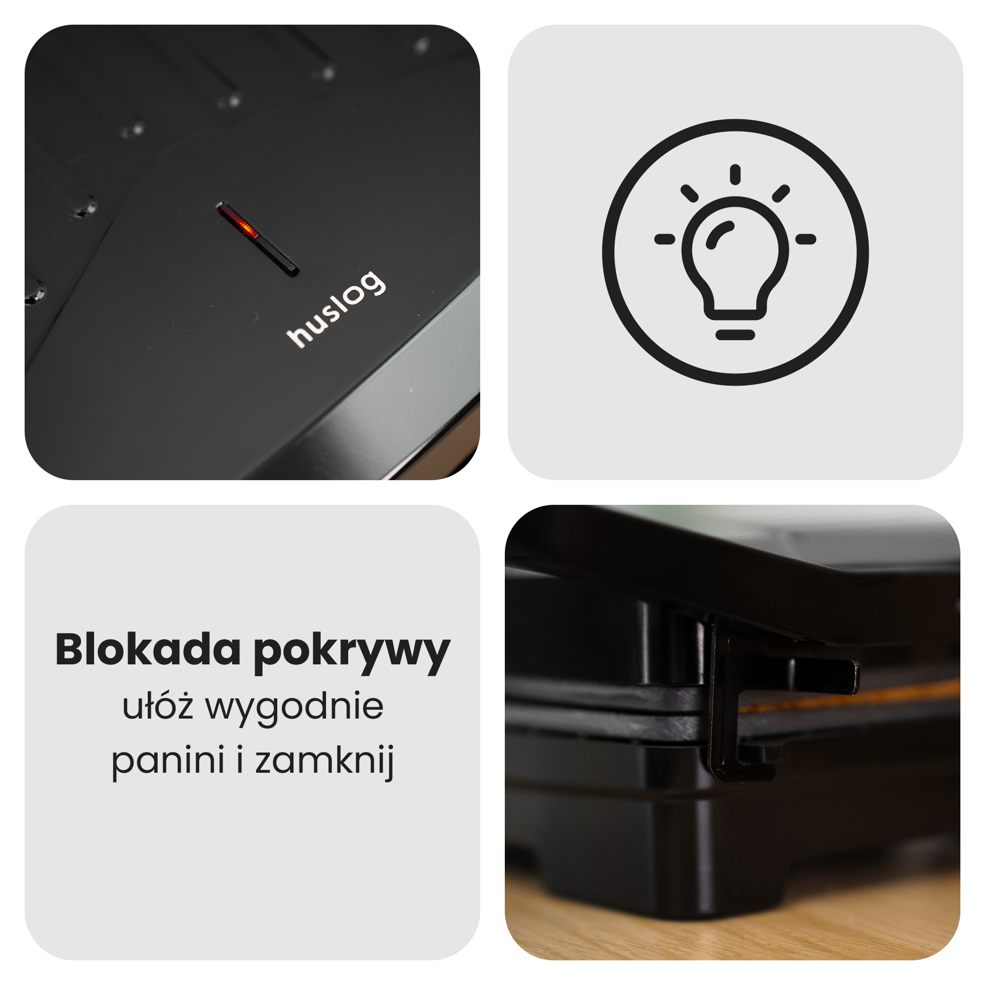 Czarny grill z czerwoną lampką, ikoną żarówki i mechanizmem blokady pokrywy.