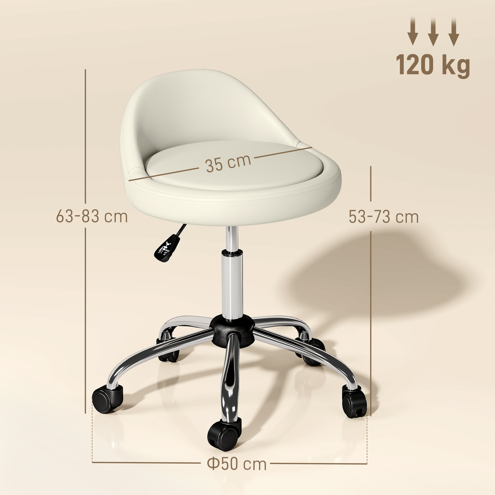 Un taburete rodante color crema con ajuste de altura y capacidad de 120 kg.