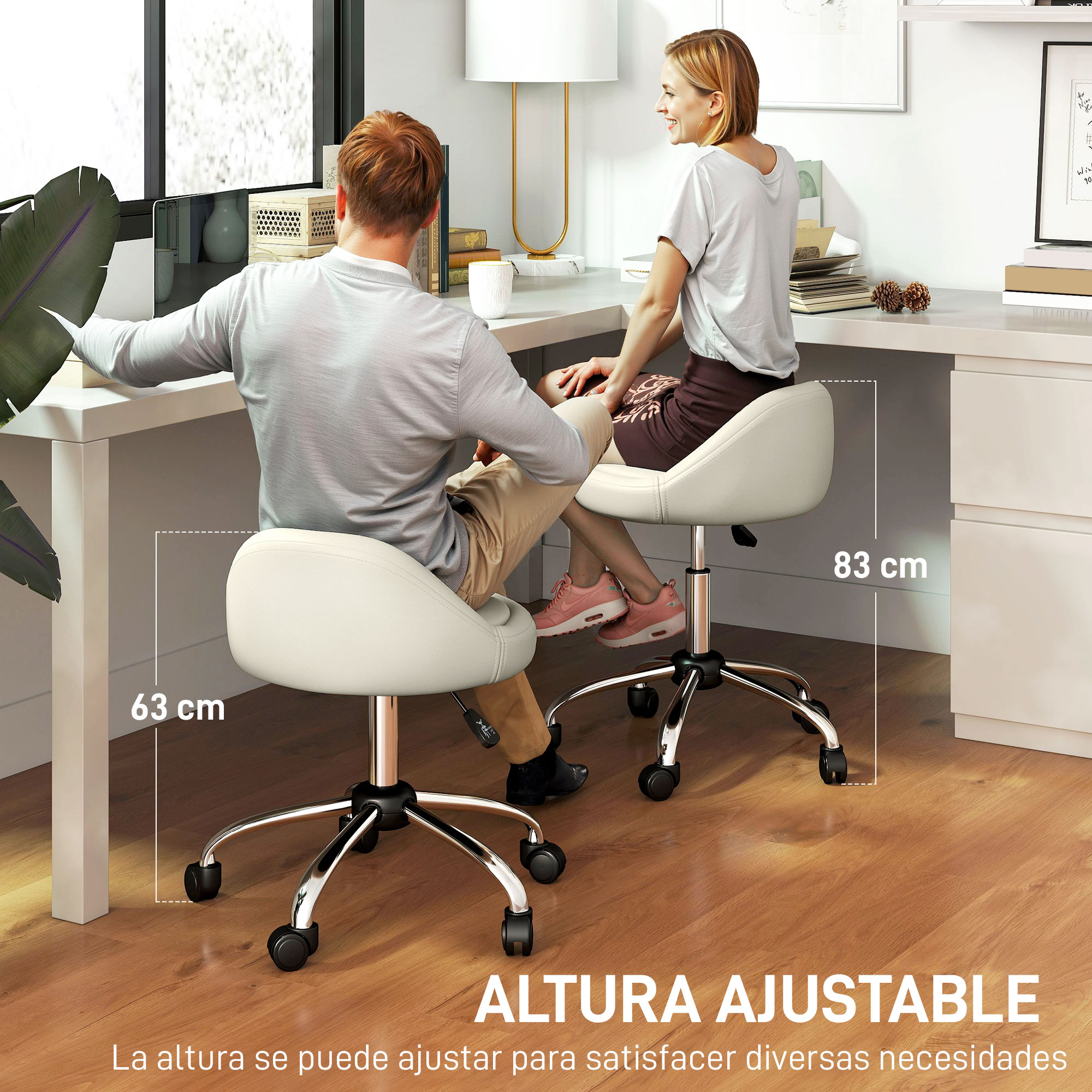 Hombre y mujer sentados en sillas de oficina ajustables, miden 63cm y 83cm.