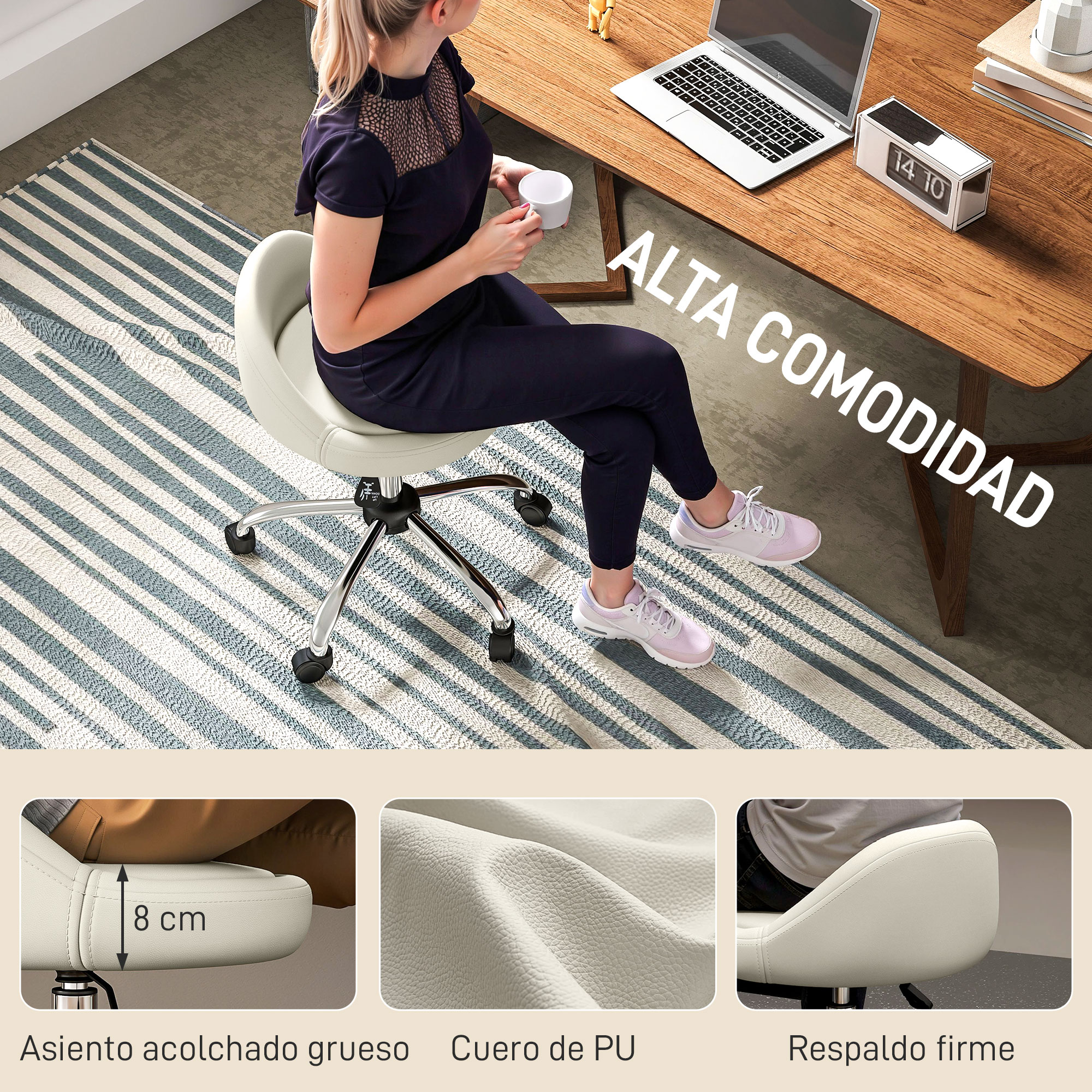 Mujer sentada en un escritorio en una silla de oficina blanca. Primer plano de la silla.