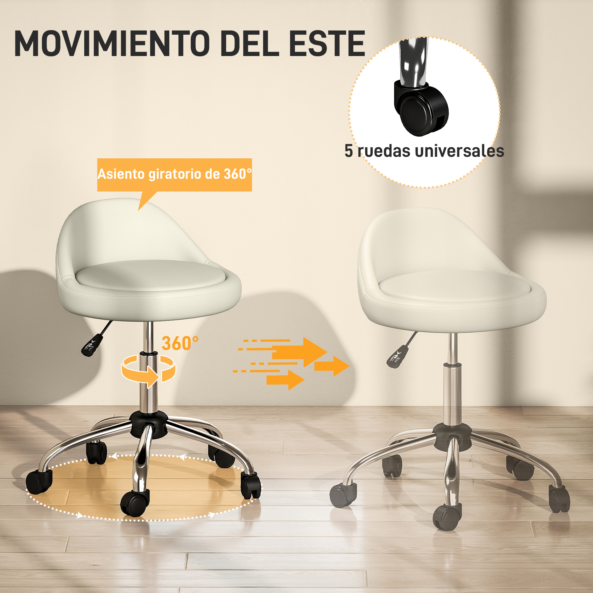 Una silla giratoria blanca con 5 ruedas sobre suelo de madera, mostrando movimiento 360°.