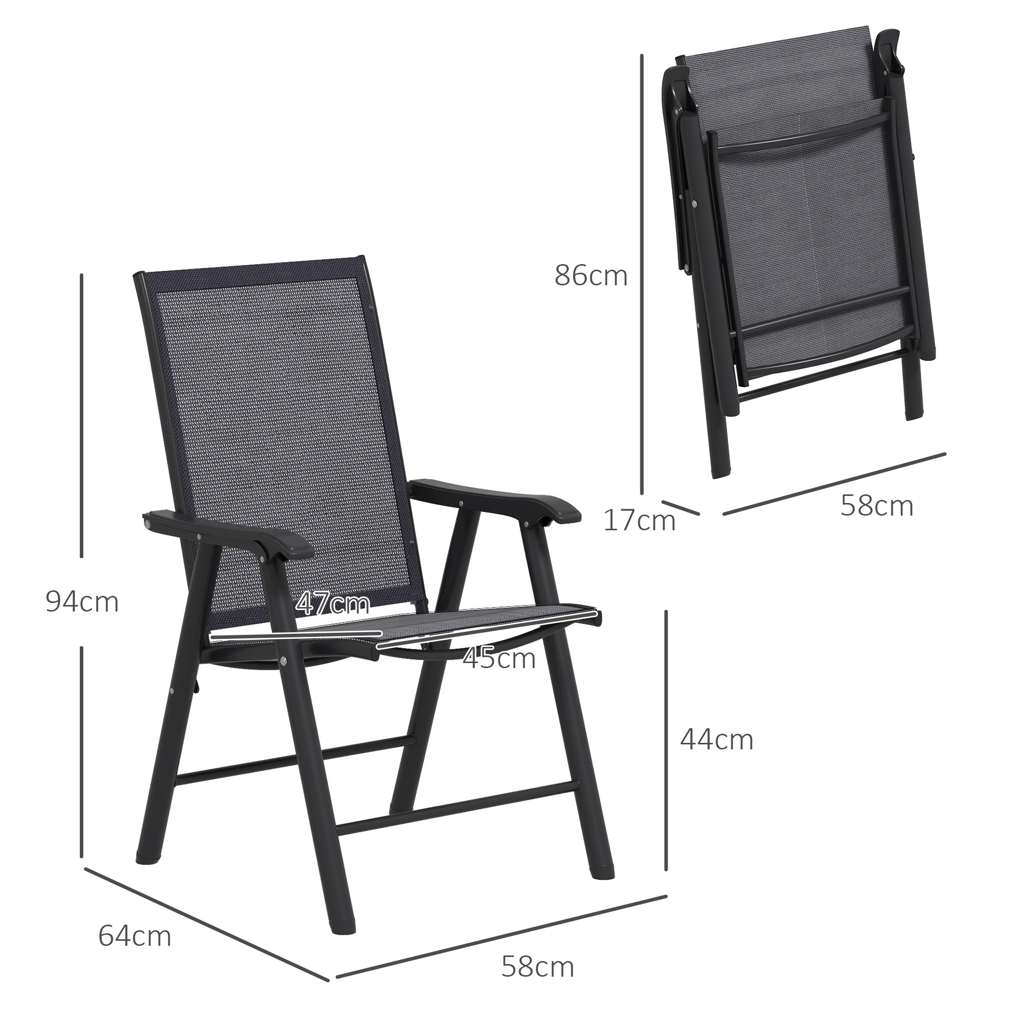 Una silla plegable negra con marco de metal y tela de malla. Se muestran las dimensiones.