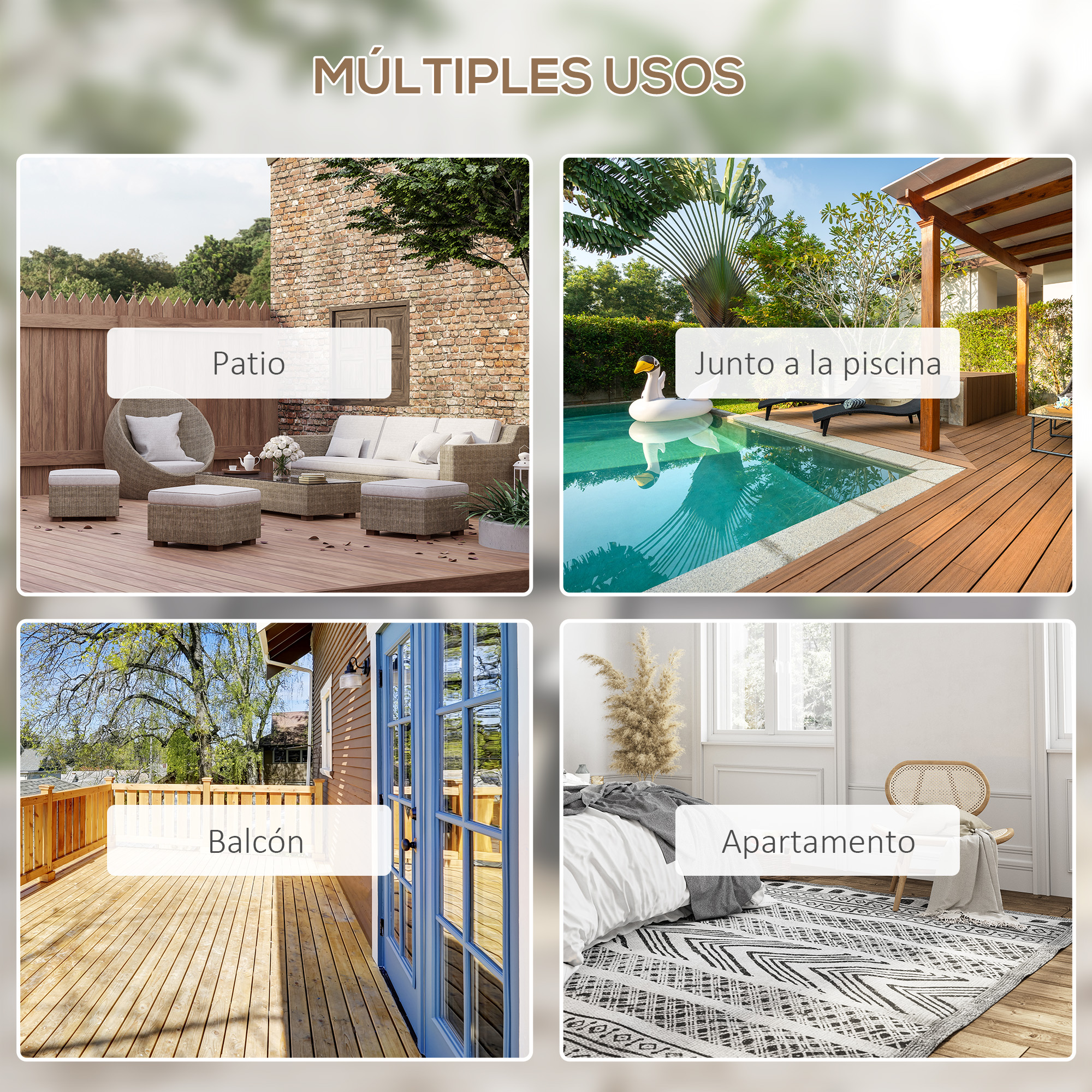 Cuatro escenas: un patio, una zona de piscina, un balcón y un dormitorio.