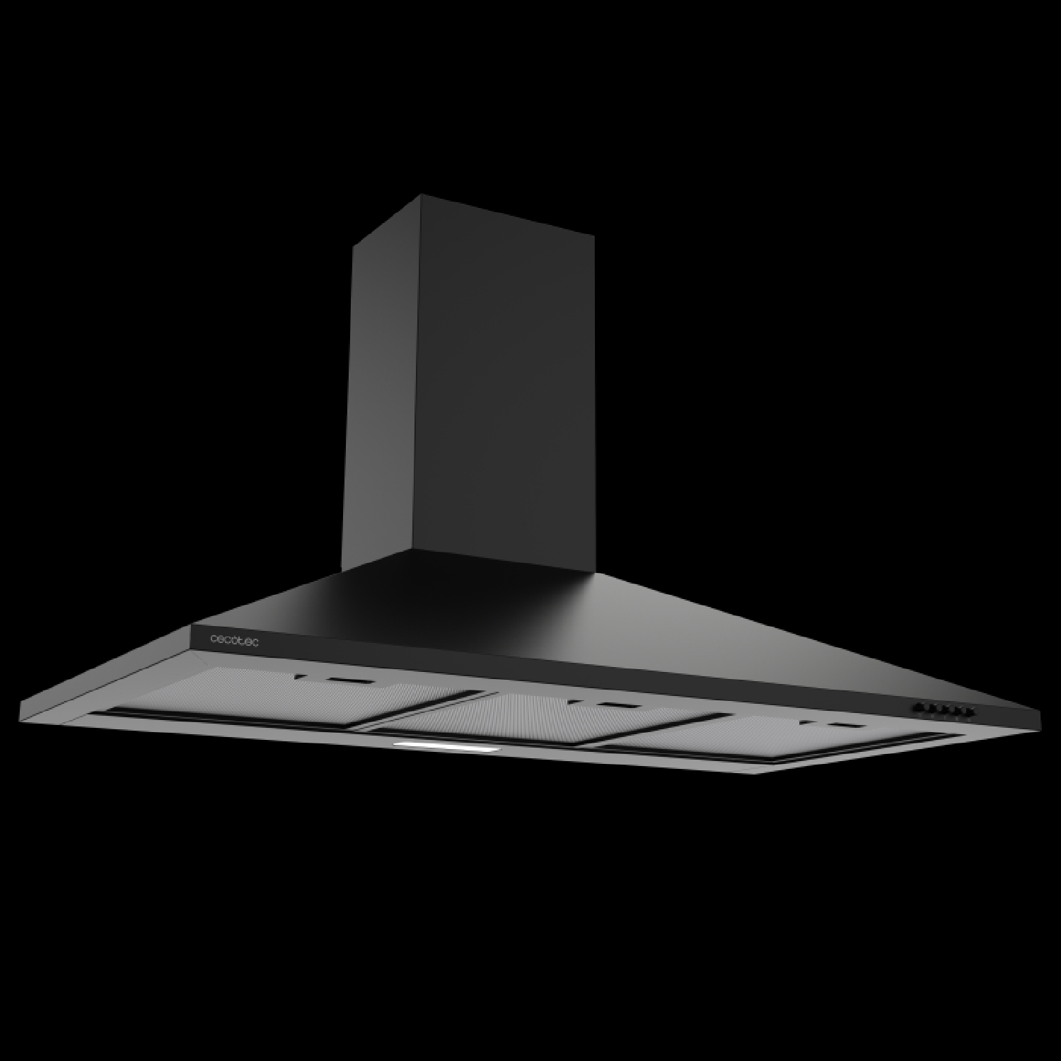 Una campana extractora de cocina moderna negra con chimenea y fondo plano con filtros.