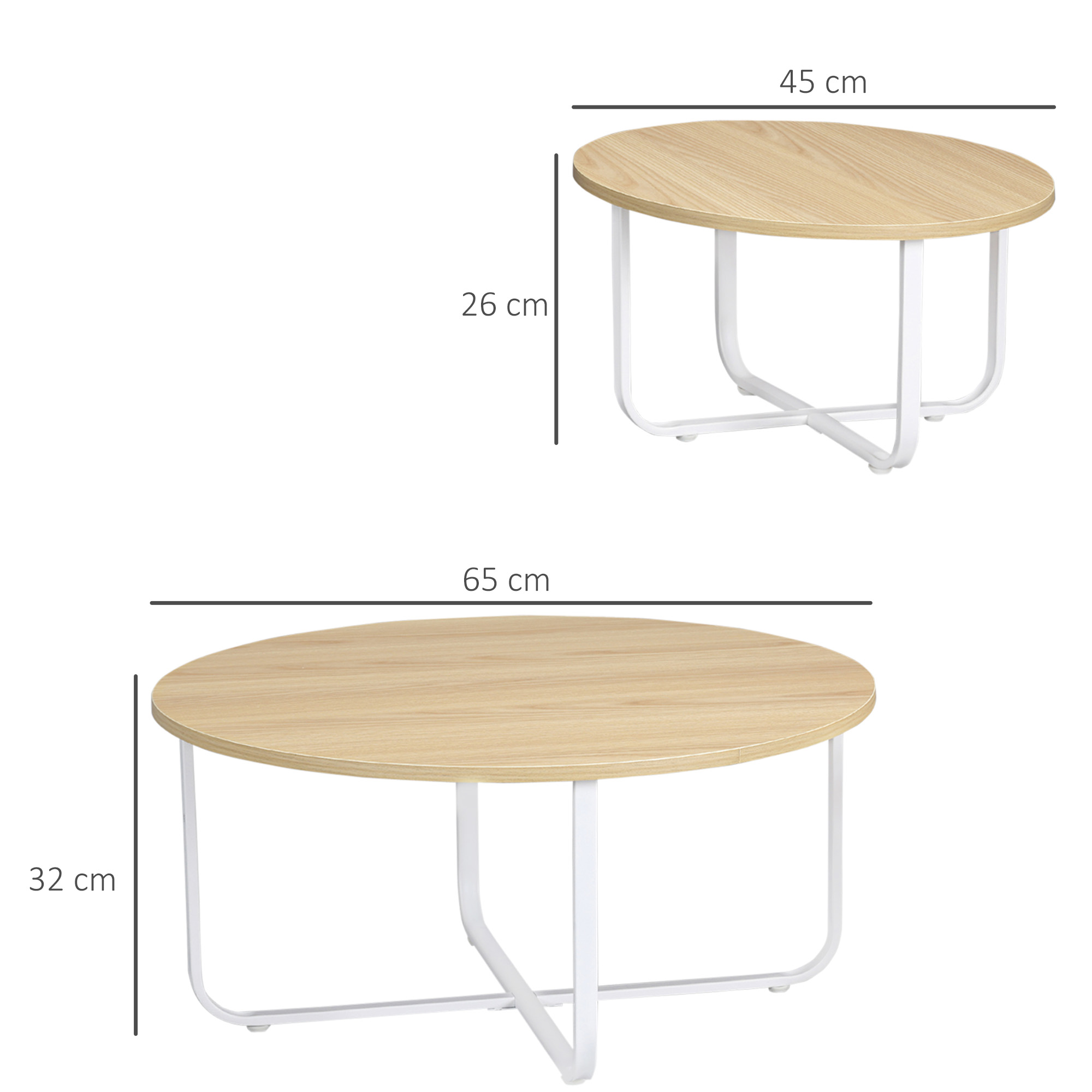 Dos mesas redondas de madera con patas de metal blanco, se muestran dimensiones.