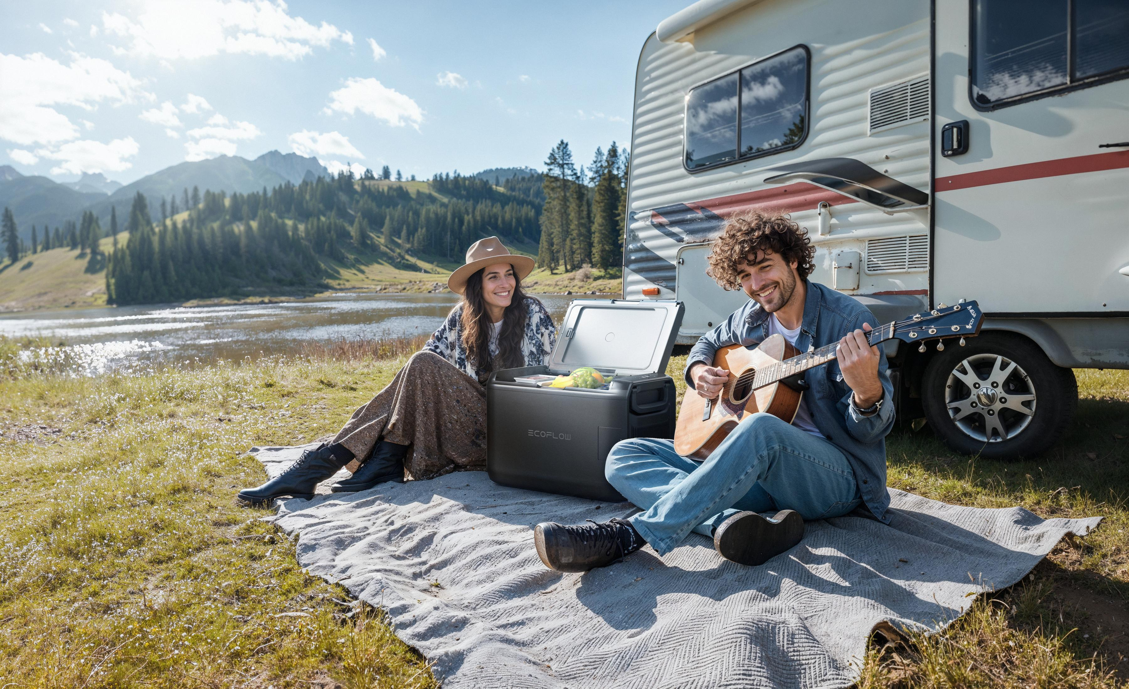Paar campt an einem See, Mann spielt Gitarre, Frau lächelt. Wohnmobil und Berge im Hintergrund.