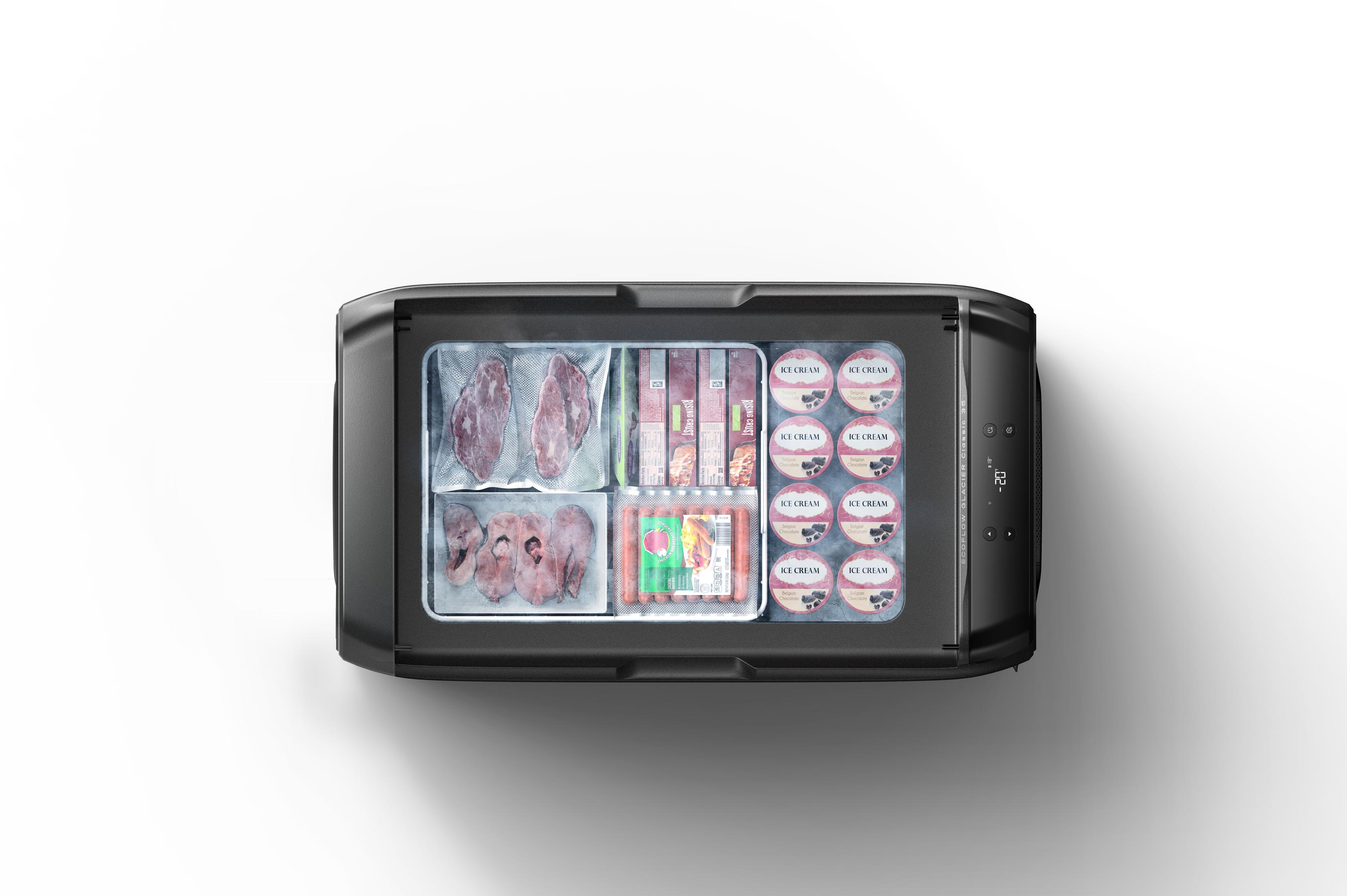 Gefrierschrank mit Fleisch, Fisch, Würstchen und Eiscreme.