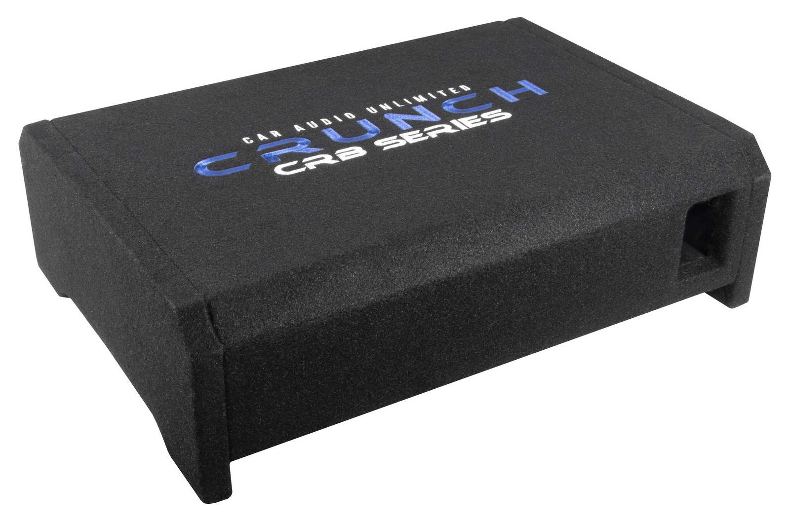 Schwarze Auto-Audio-Subwoofer-Box mit blauem Crunch CRB SERIES Logo oben.