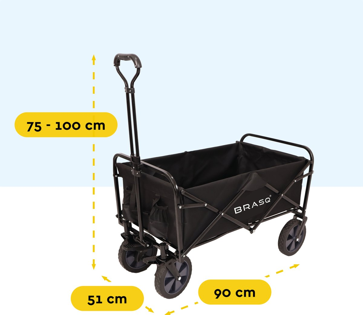 Zwarte inklapbare bolderkar met uitschuifbaar handvat en wielen, 75-100cm hoog.
