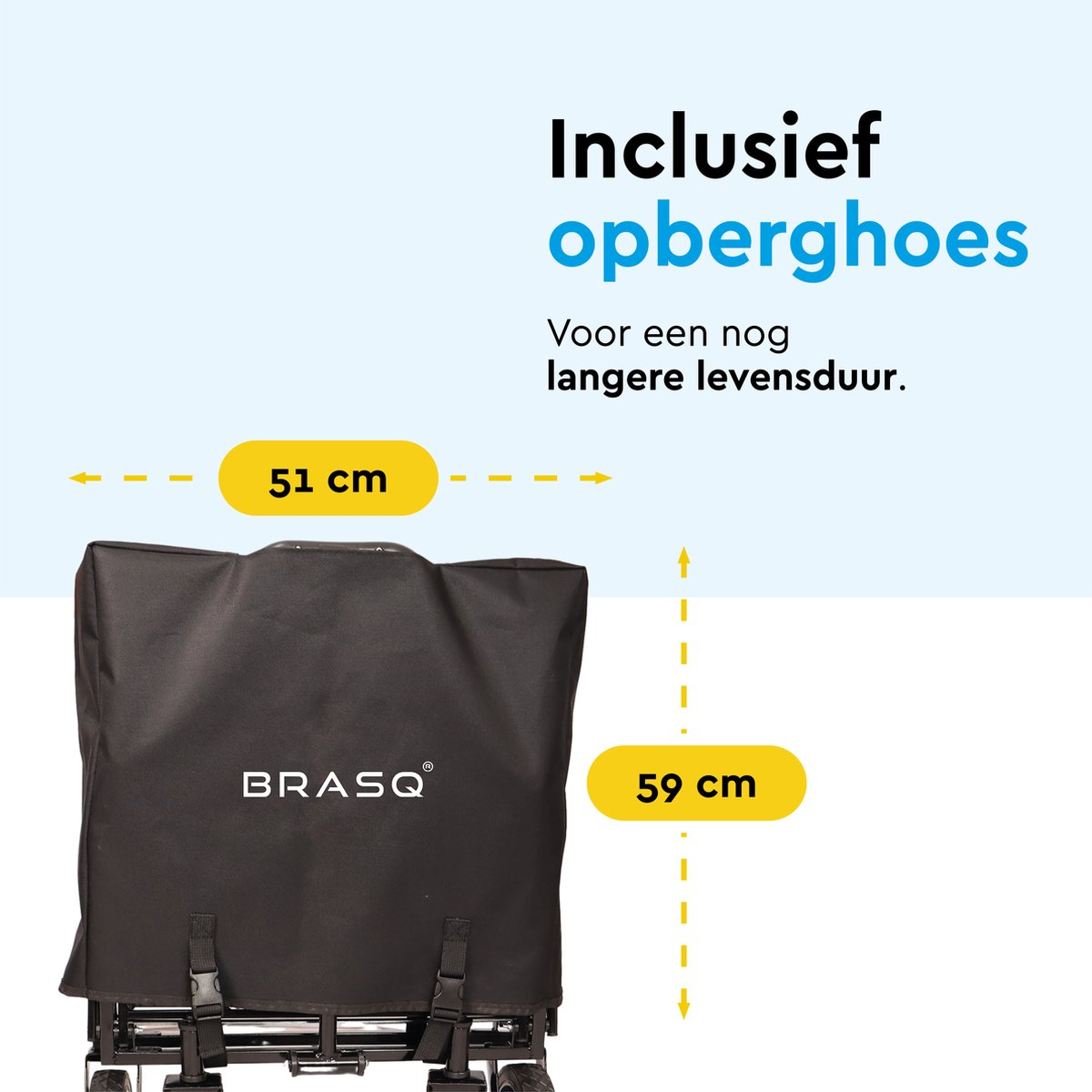 Zwarte tas met afmetingen 51 cm en 59 cm. Tekst: Inclusief opberghoes.