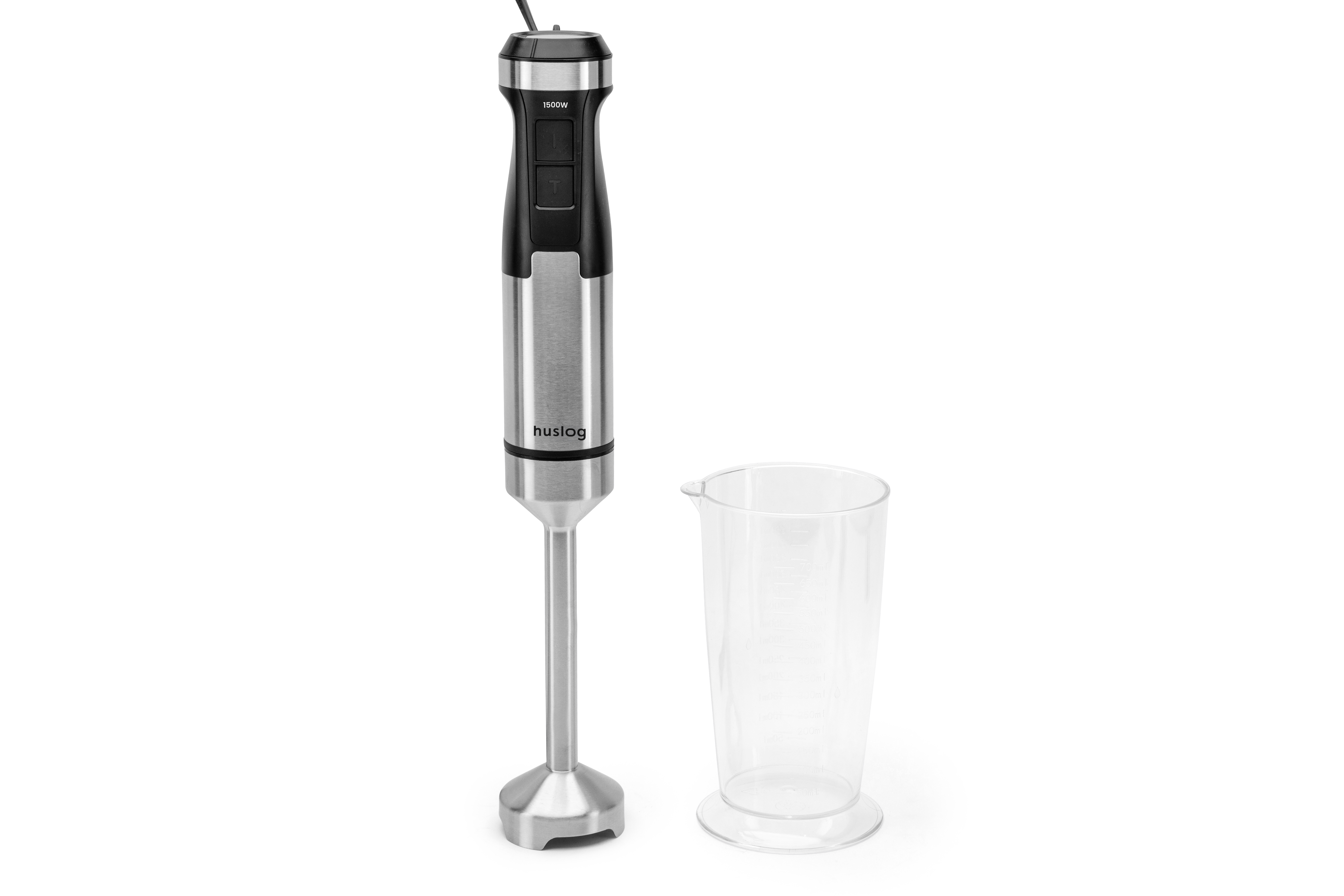 Srebrny blender ręczny z czarną rączką i przezroczystym kubkiem miarowym.