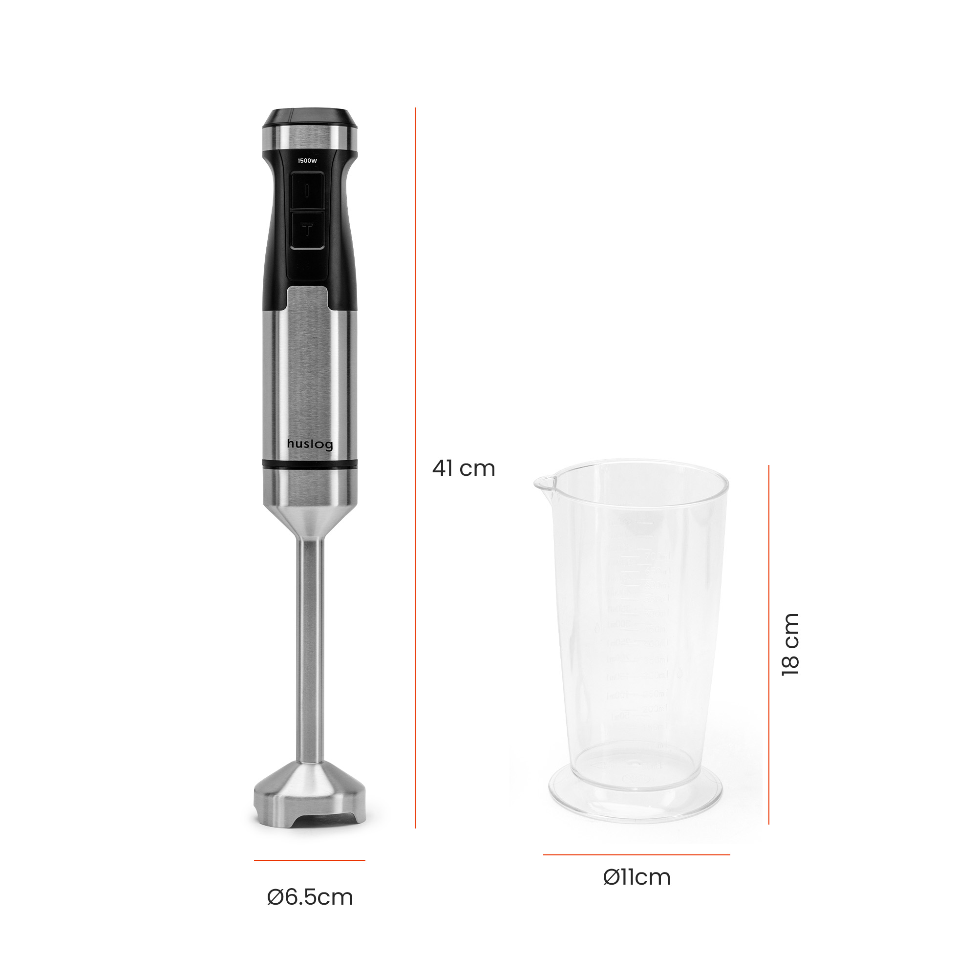 Srebrny blender ręczny z czarną rączką i kubkiem miarowym.
