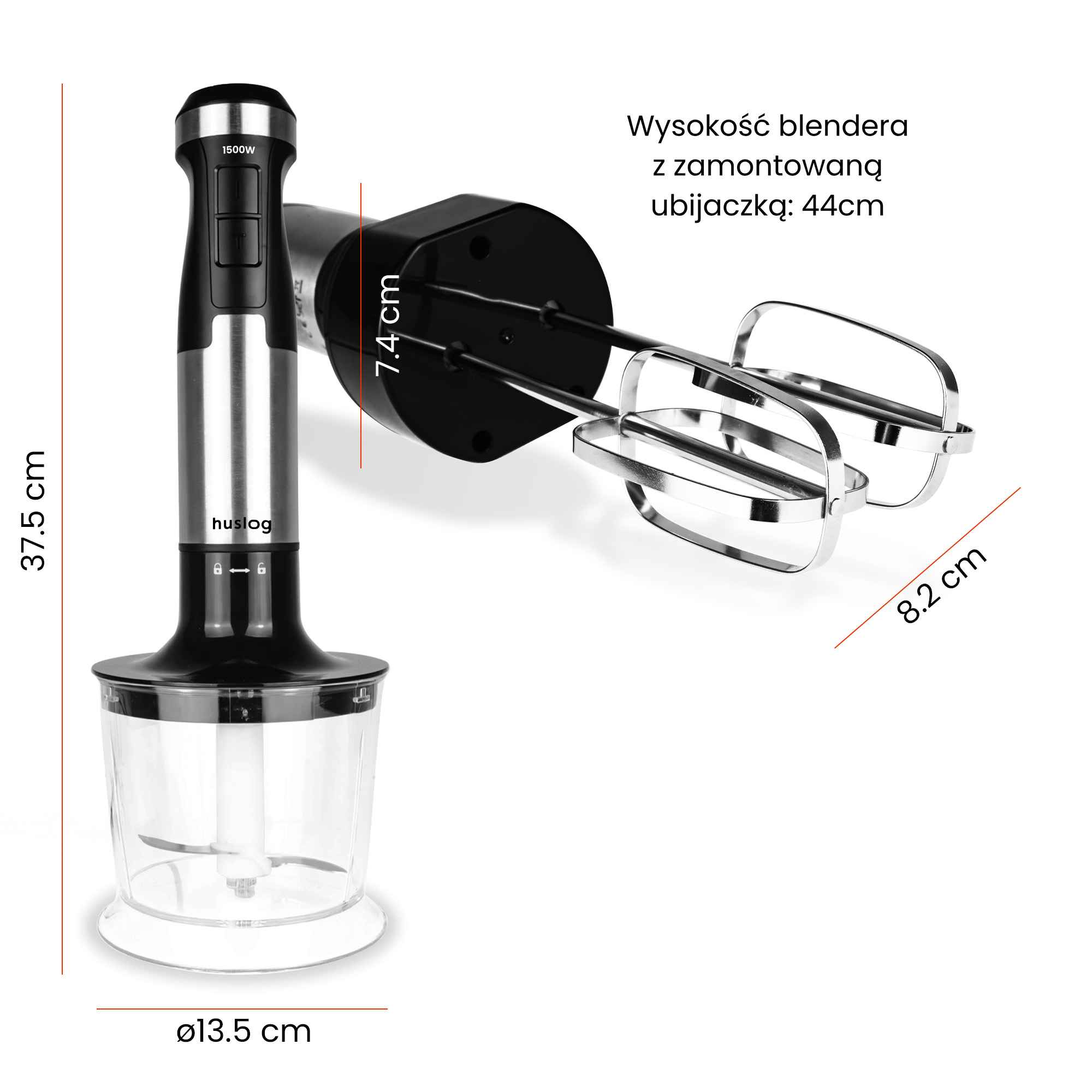 Blender ręczny z akcesoriami, podane wymiary.