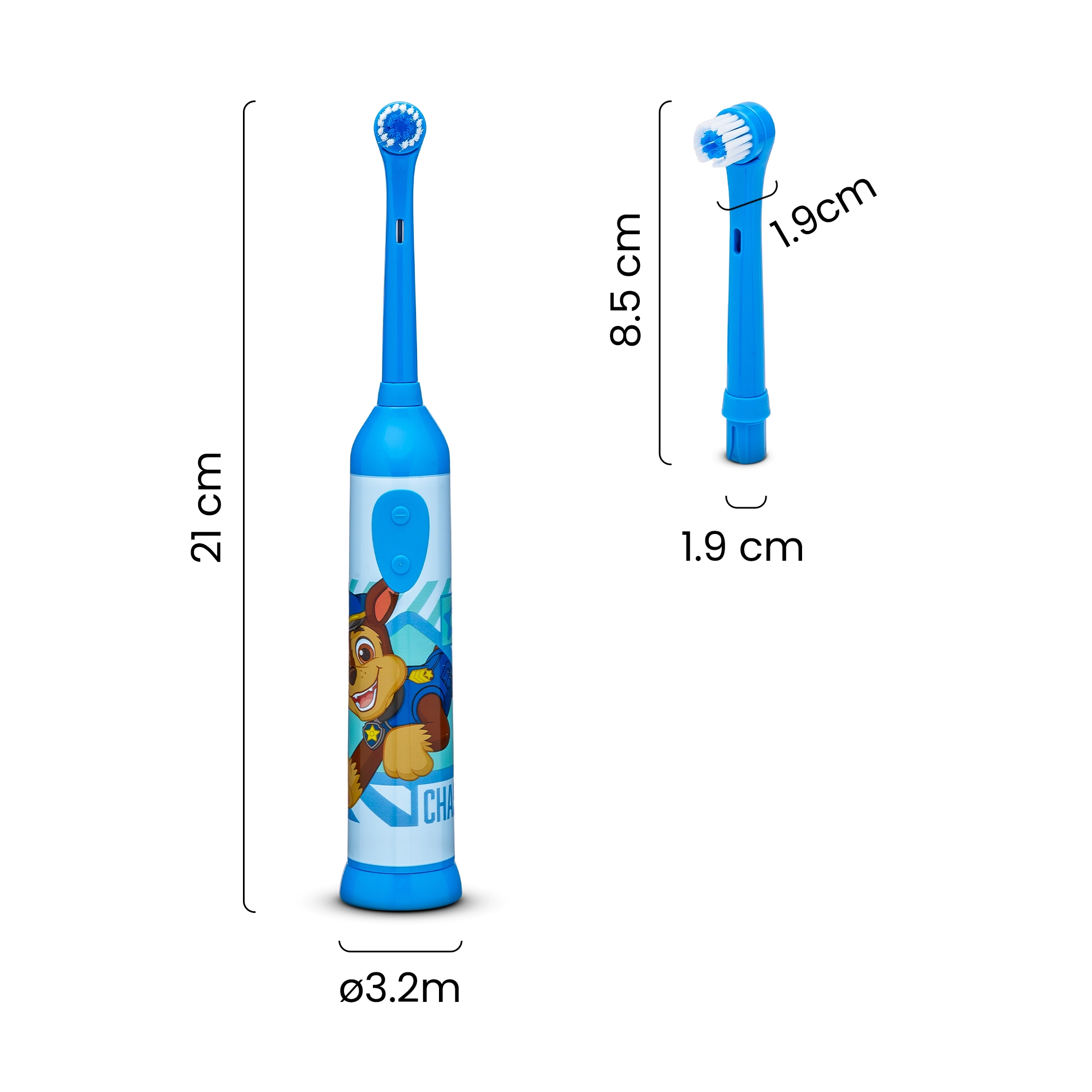 Niebieska szczoteczka do zębów z motywem Chase, dł. 21cm, śr. 3.2cm.