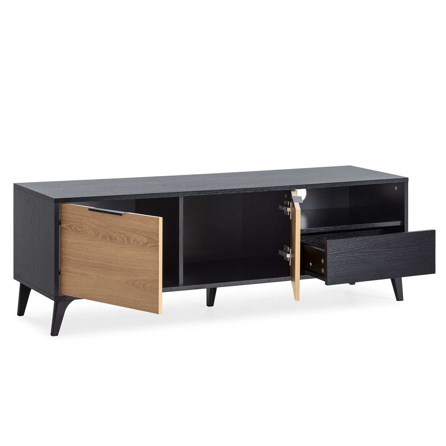 Mueble de TV negro con compartimentos abiertos y un cajón abierto.