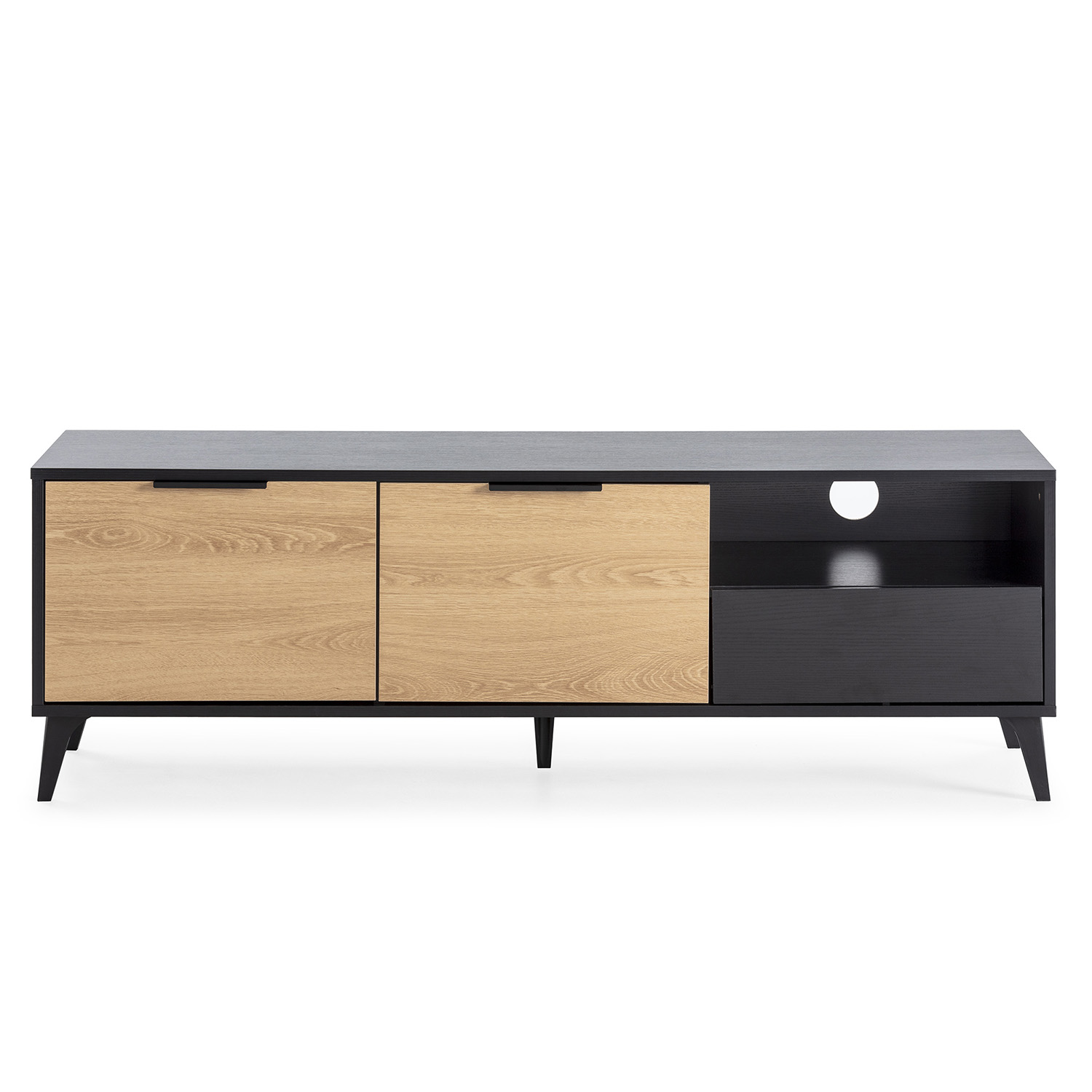 Mueble de TV de madera negra y clara con dos cajones y un compartimento abierto.