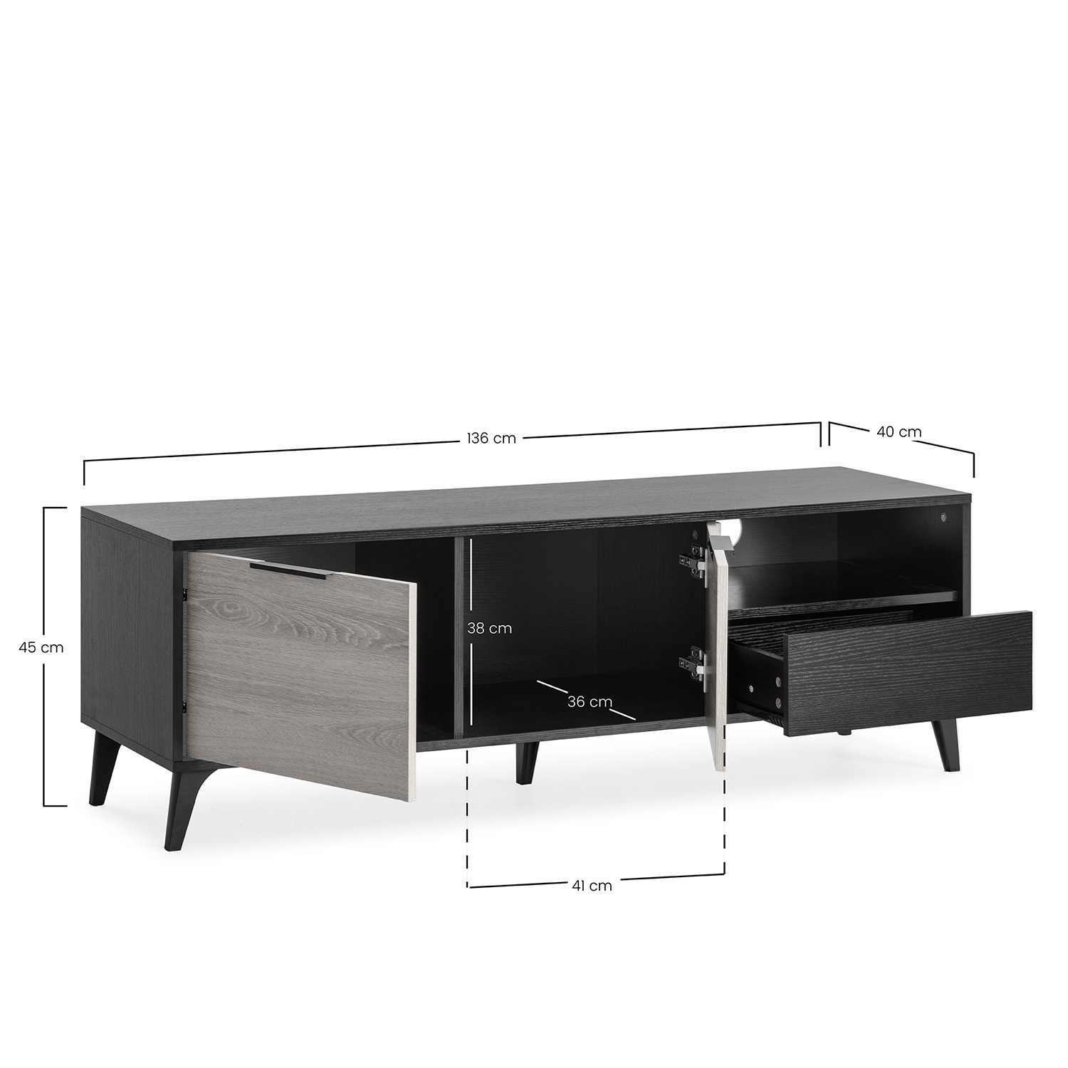 Un mueble de TV negro con puertas y cajones abiertos, se indican las dimensiones.