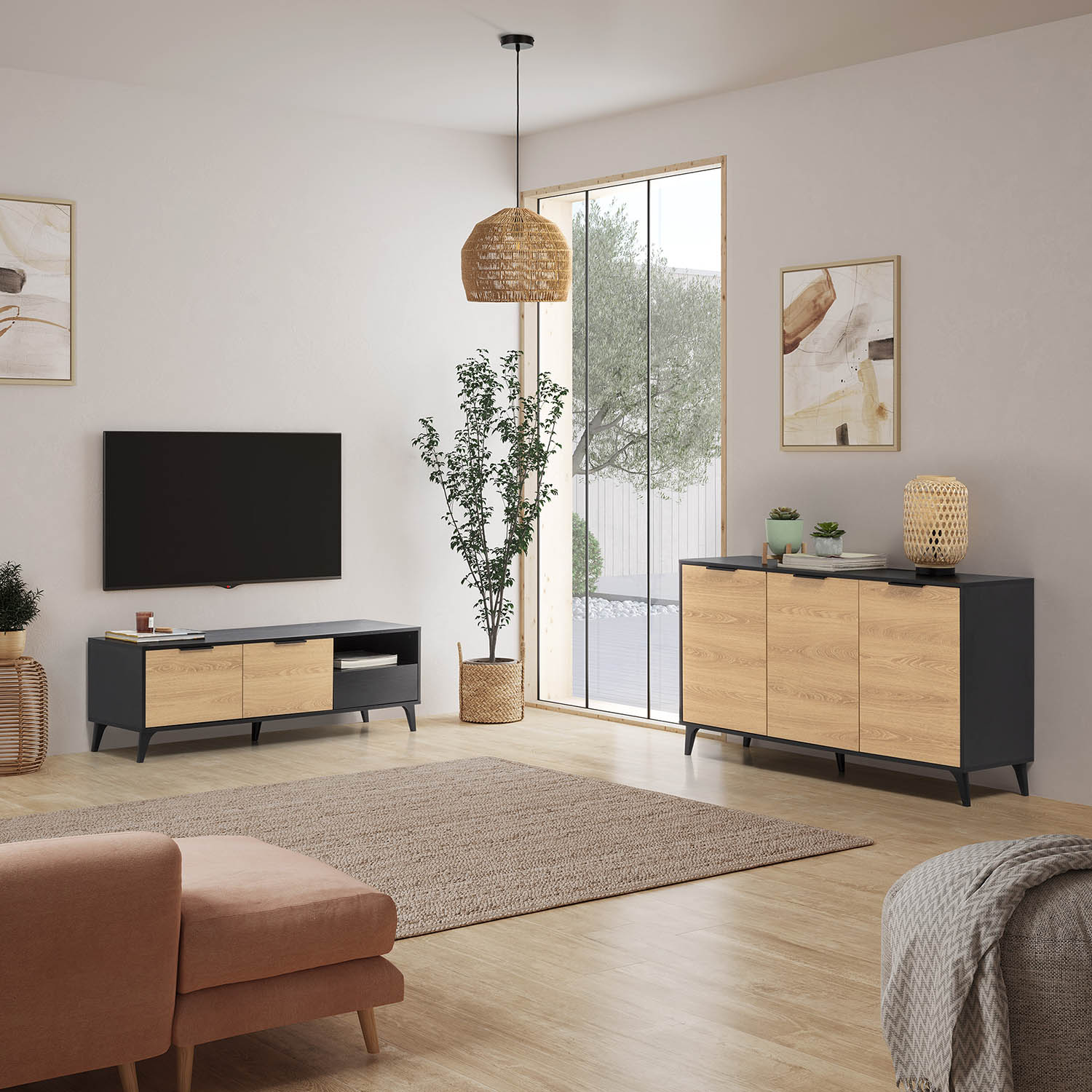 Una sala de estar moderna con mueble de TV, aparador, sofá y alfombra.