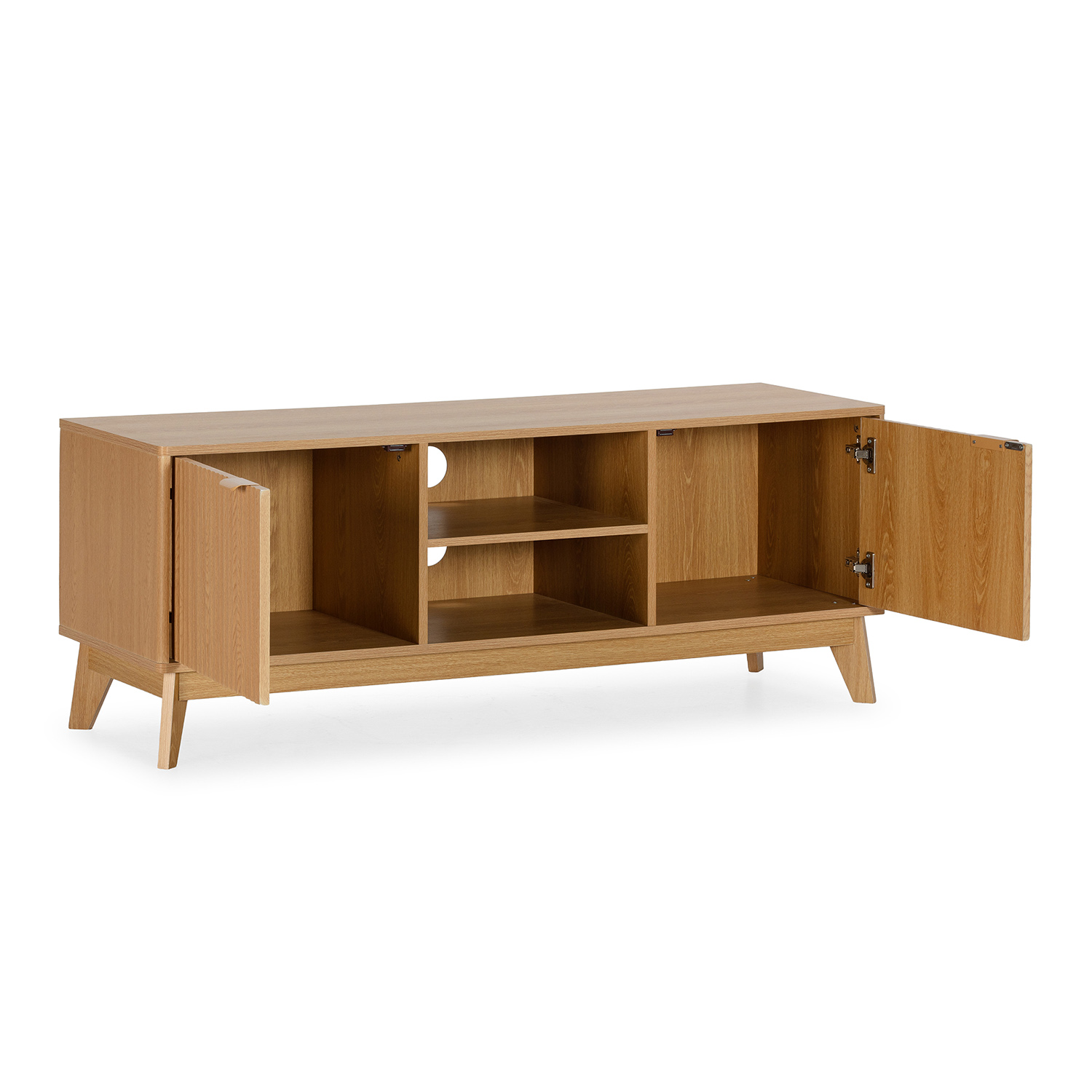 Un mueble de TV de madera con puertas y estantes abiertos.