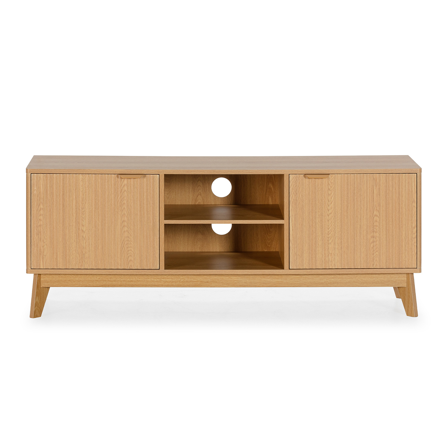 Un mueble de TV de madera marrón claro con dos puertas y dos estantes.