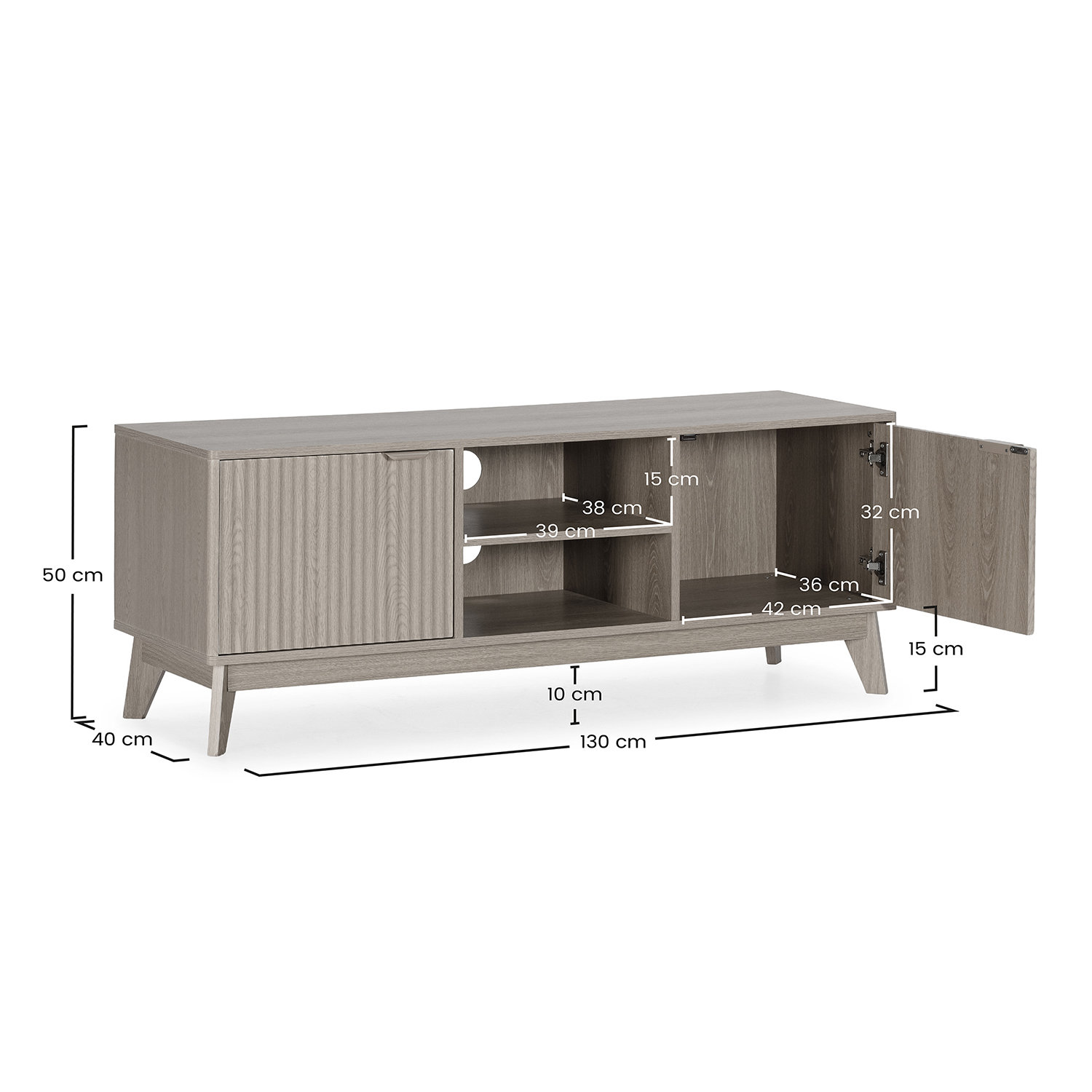 Gabinete de madera gris con dimensiones, puertas y estantes en fondo blanco.