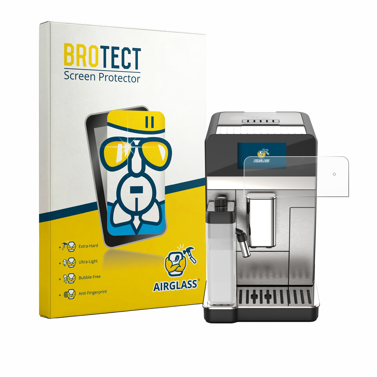 Ein Kaffeevollautomat neben einer BROTECT Airglass Schutzfolien-Verpackung.